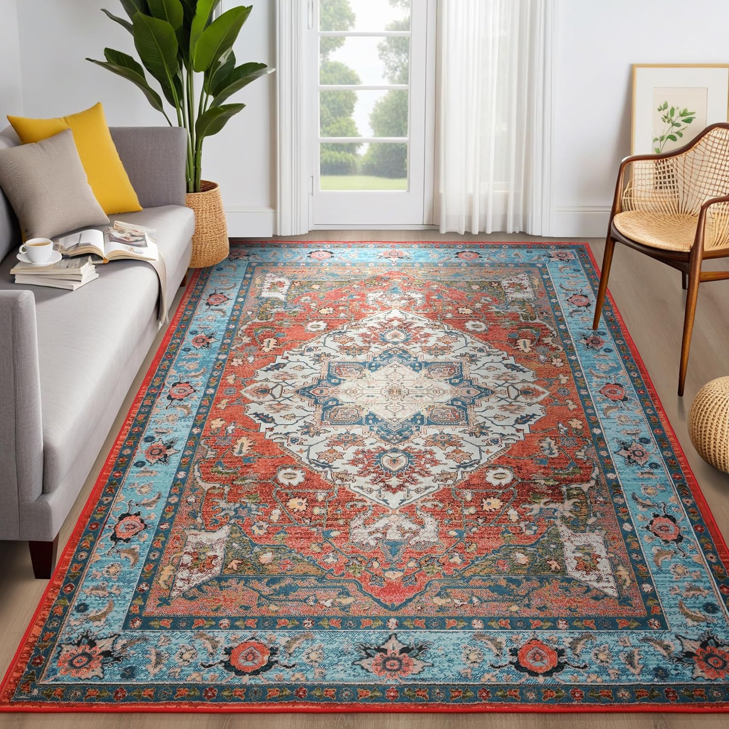 YJ.GWL Large Area Rug for Living Room, 5x7 Machine Washable Boho Rug for Bedroom, Low Pile Lightweight Thin Rugs Floral Vintage Distress Print Pattern Carpet for Dining Room, Red/Blue Red/Blue 5' x 7' (Rectangular)