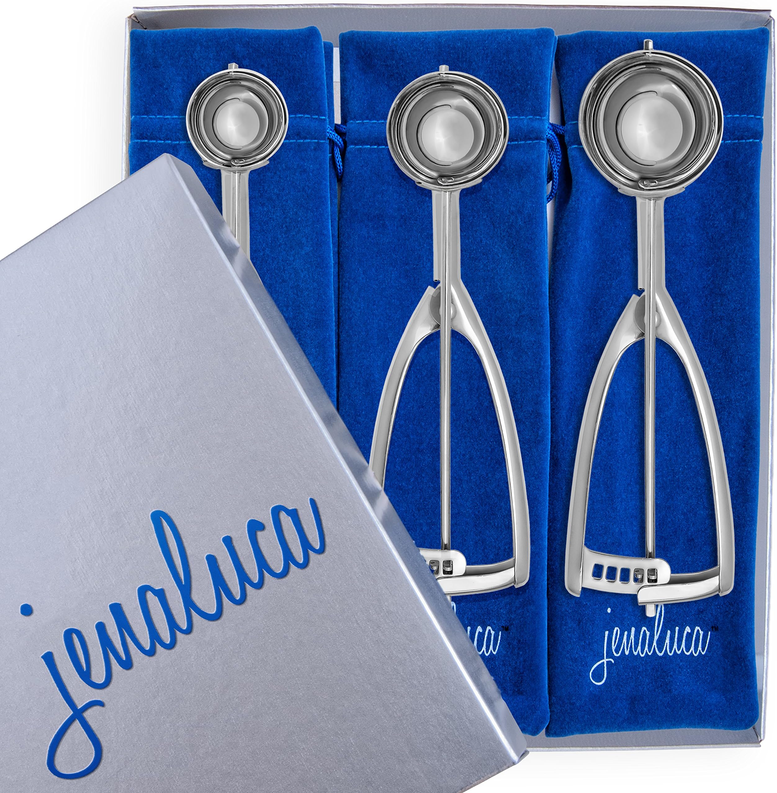 Jenaluca Three Scoop Gift Set - Cookie Scoop, Cupcake & Ice Cream Scooper in Gift Box - Small Medium Large - Professional Heavy Duty 18/8 Stainless Steel - Dough Scoop Cupcake - Scooper for Baking
