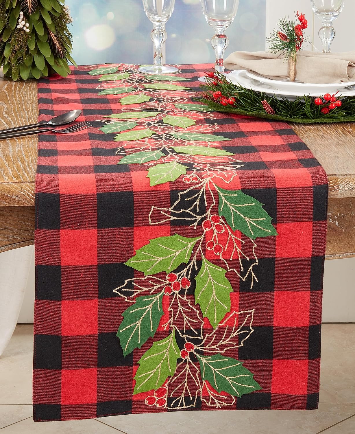 Festive Buffalo Plaid Holly Leaves Table Runner