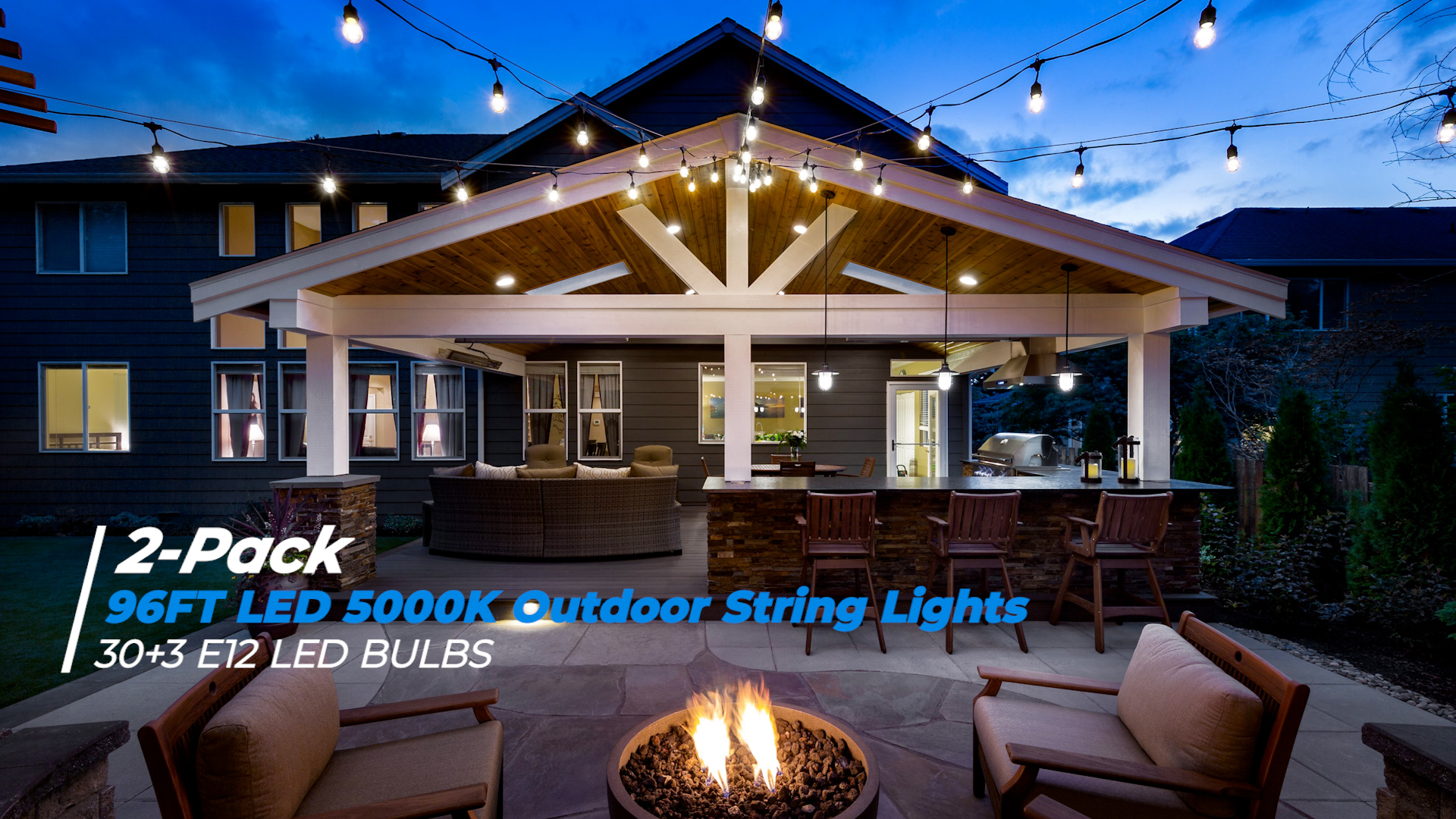 Lakumu 2-Pack 96FT Outdoor String Lights with Waterproof