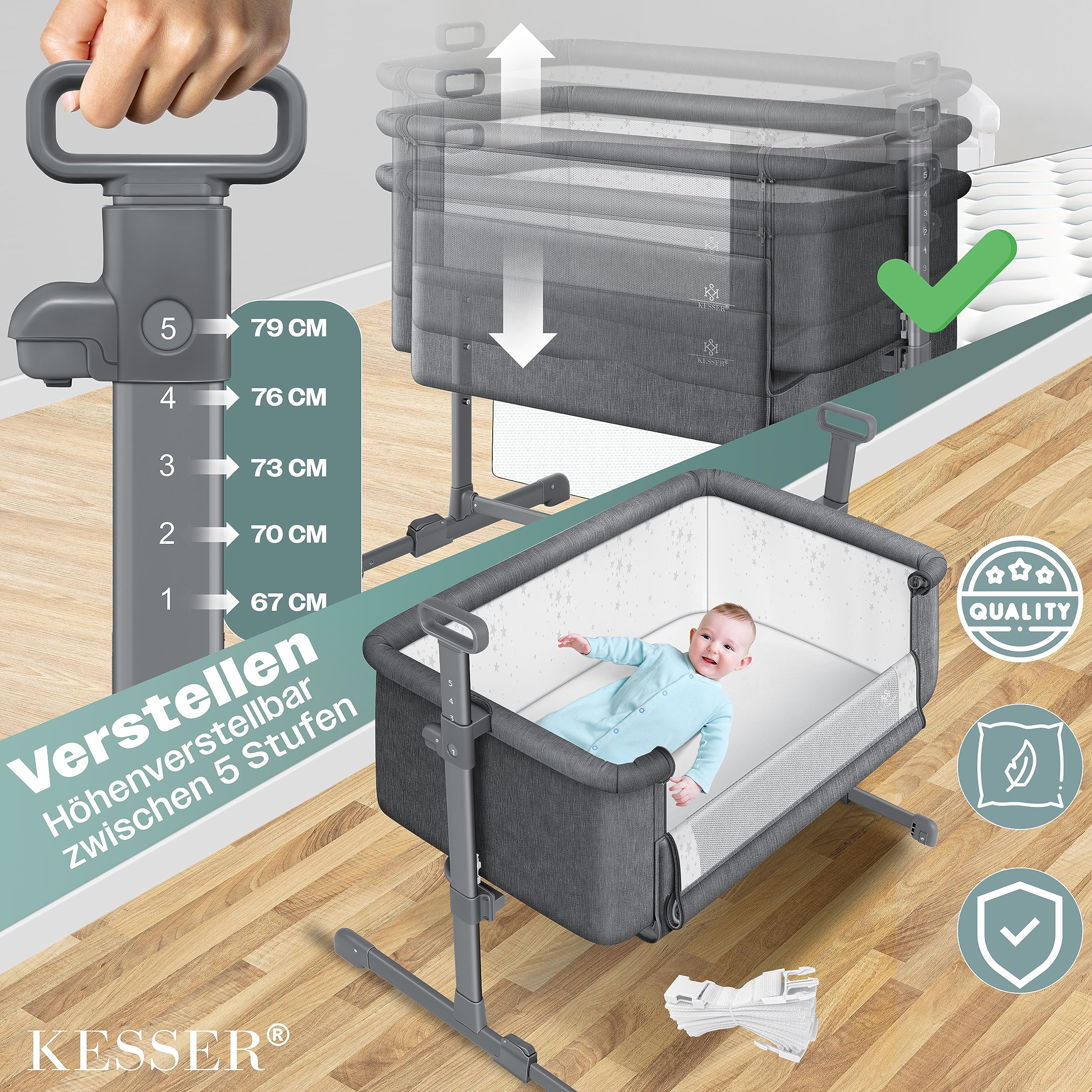 KESSER® Lit d'Appoint Hubi 3 en 1 | Supplémentaire pour Bébé | de Voyage | avec Matelas Souple | pour Enfant à Roulettes | Réglage de la Hauteur sur 5 Positions (Dunkelgrau)