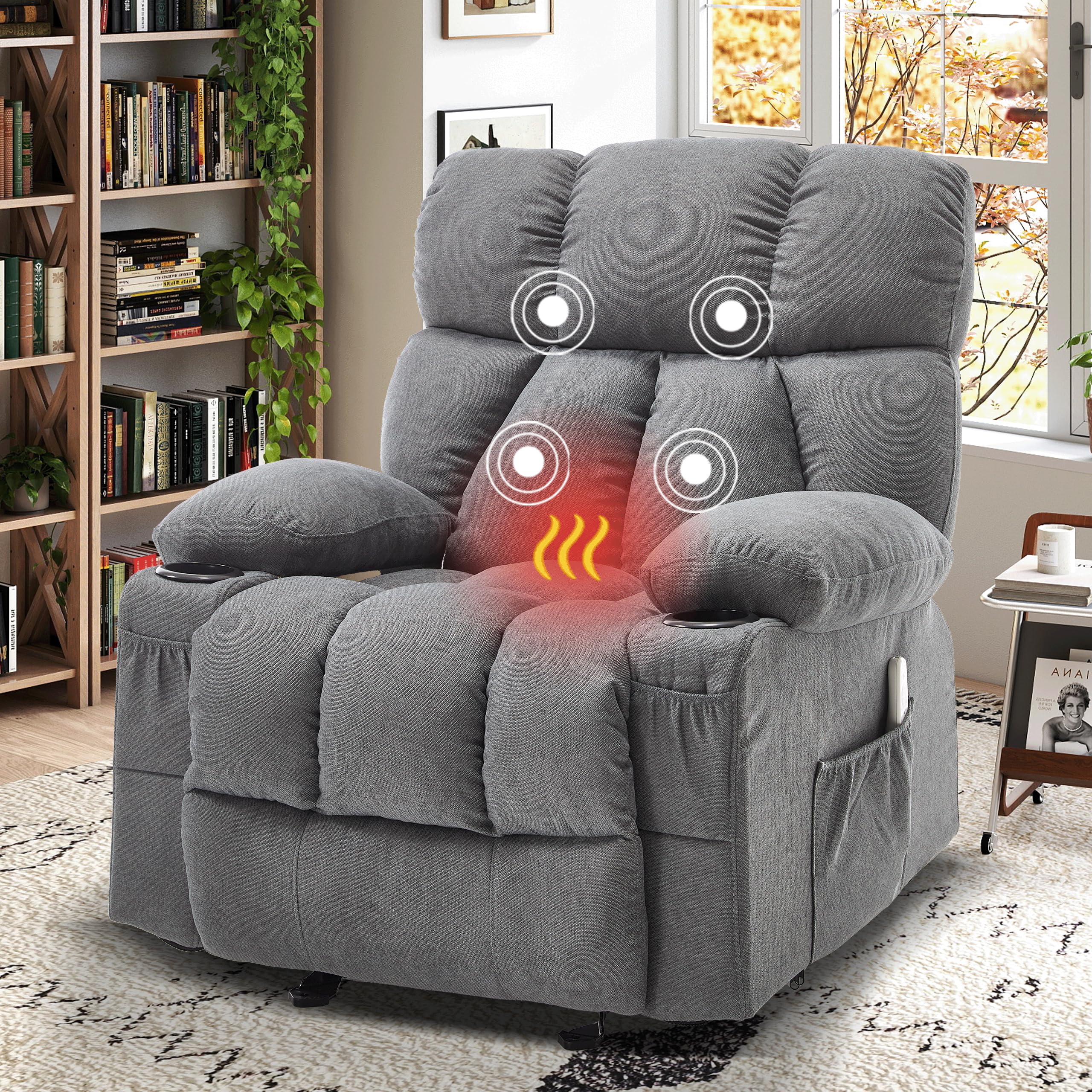Massage Recliner Chair, Overstuffed Rocker Lazy Boy Chairs with Vibration&Gently Heat,Fabric Ergonomic Manual Nursery Chair for Living Room with Side Pocket, 2 Cup Holders, Grey