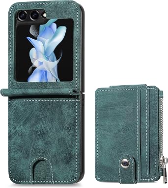 Simicoo Samsung Z Flip 5 Leather Wallet Case with Detachable Card Holder Z Flip 5 Zipper Wallet Magnetic Kickstand Shockproof Minimalist Front Pocket Wallet for Man Woman Green