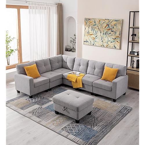 Aeffze Modular Sectional Sofa with Storage Ottoman L-Shaped 6 Seater Velvet Fabric Couch Contemporary Modern Corner Sofa Convertible Reversible Upholstered Couch for Living Room (Light Grey)