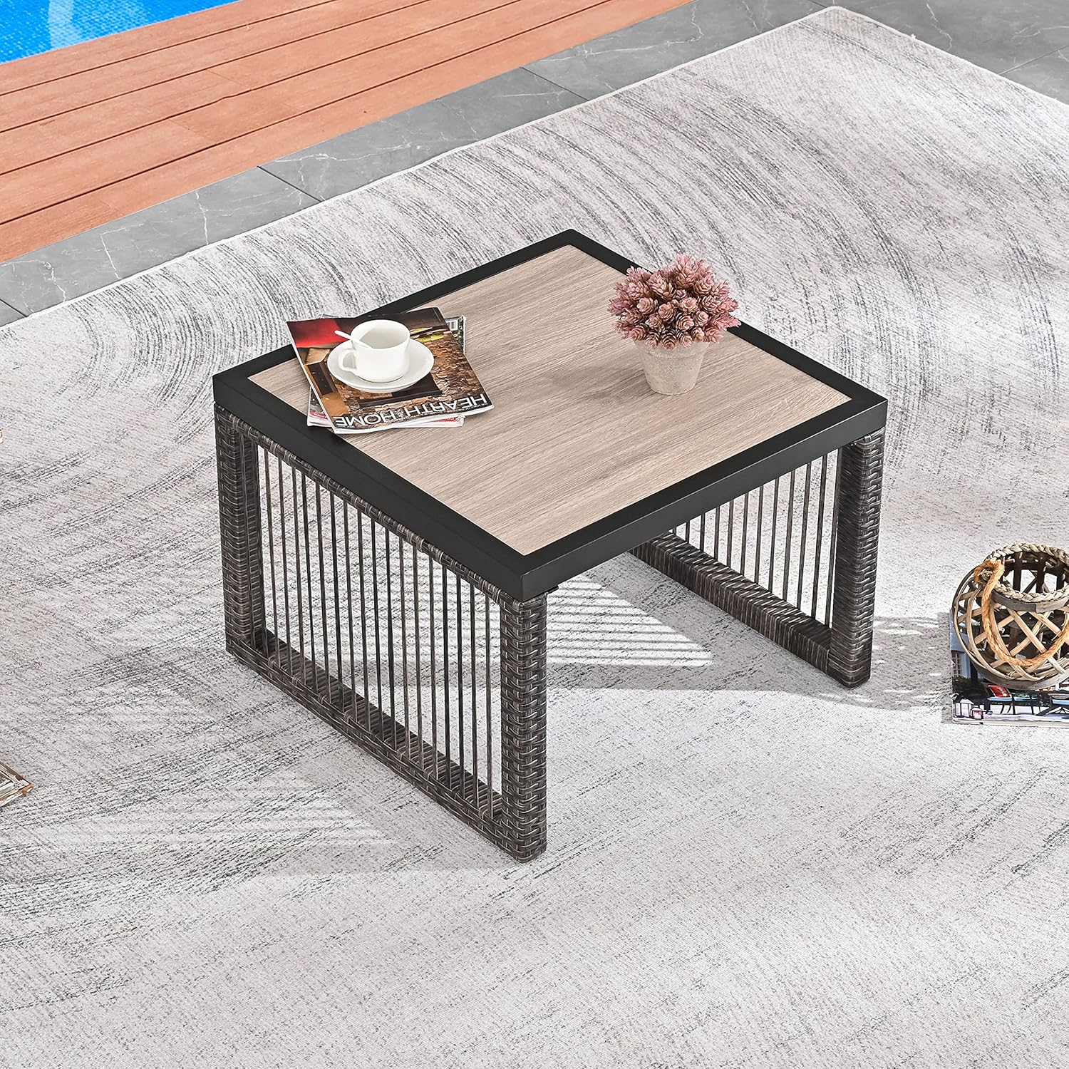 LOKATSE HOME Patio Coffee Table Dining Furniture for Balcony, Porch, Deck, Black/Brown