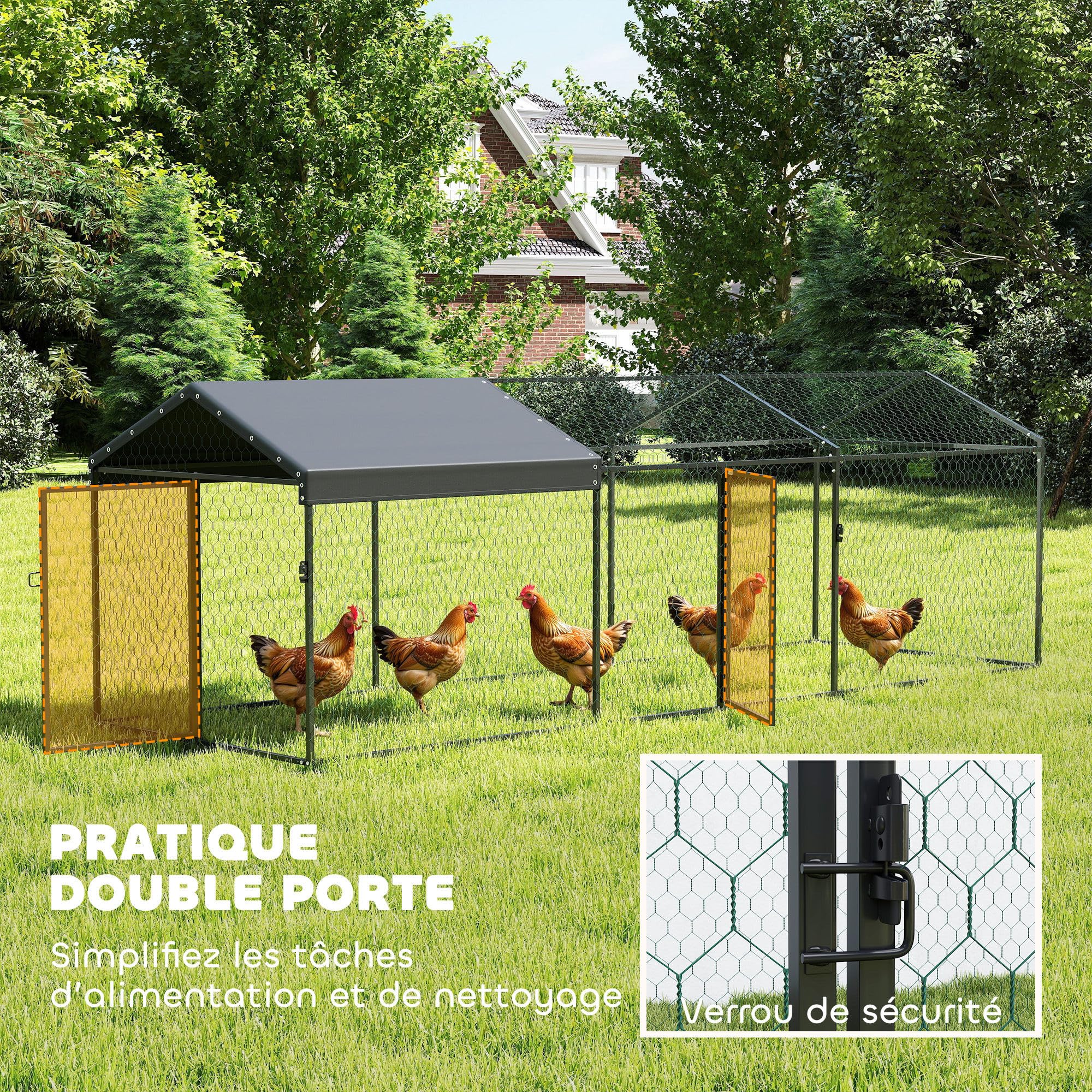 PawHut Enclos Poulailler Extérieur en Acier, 3 x 1 m Parc Grillagé avec Couverture Imperméable et 2 Portes Latérales Verrouillables, pour 3-5 Poules Lapins Canards, Noir