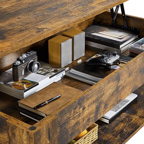 Miniatura 8 de Topeakmart Mesa auxiliar elevable con compartimento oculto y estante de almacenamiento, mesa de comedor ajustable para sala de estar, marrón Marrón