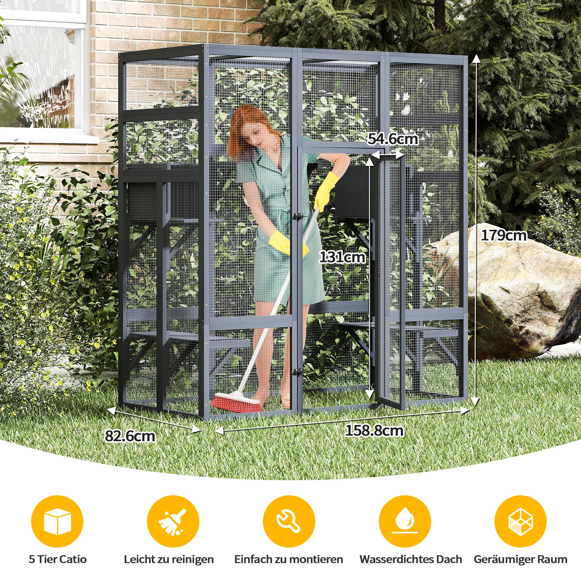 Catio Zewnętrzny wybieg dla kotów, duży wybieg dla kotów, 159 x 82 x 178 cm, domek dla kotów z mostami, spacerami, małymi domkami, zadaszeniem (kolor ciemnoszary)