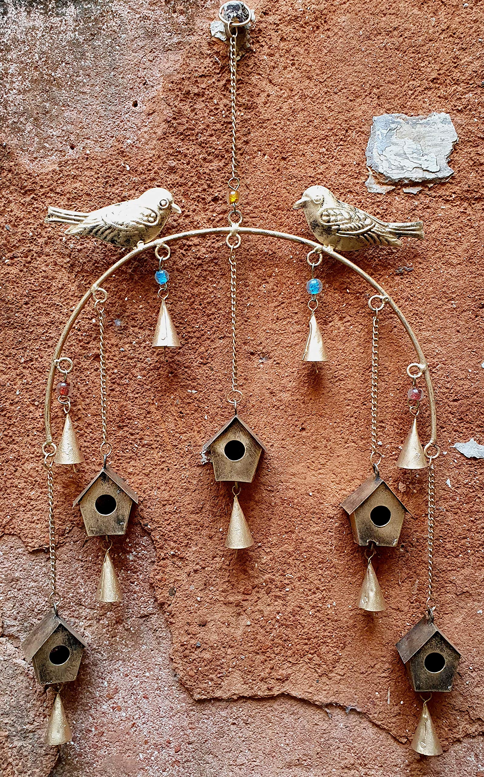 HIGHBIX Hanging Metal Bird Hut Handmade Rustic Vintage Hangings Charming Bells with Jute Bag Wall Hanging Decor (65cm)