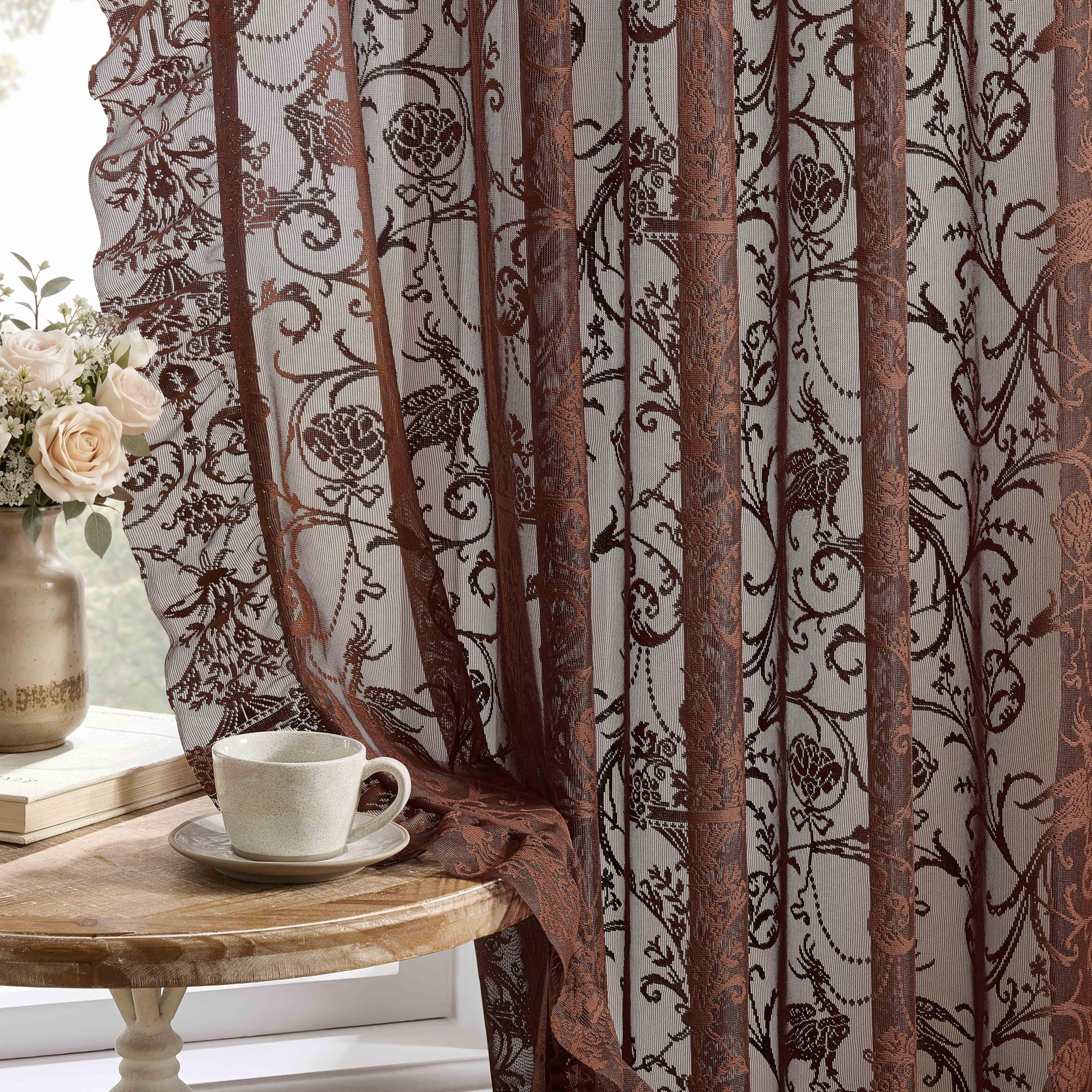 TUDECO Brown Lace Sheer Curtains 84 Inch Long, Ruffle Edges, 2 Panels — image 1