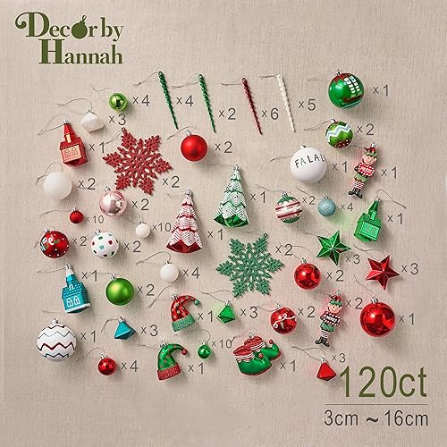 Miniatura 5 de DecorbyHannah - Juego de 120 adornos de Navidad, decoraciones de árbol de Navidad de duende rojo, verde y blanco, surtido de adornos de bolas