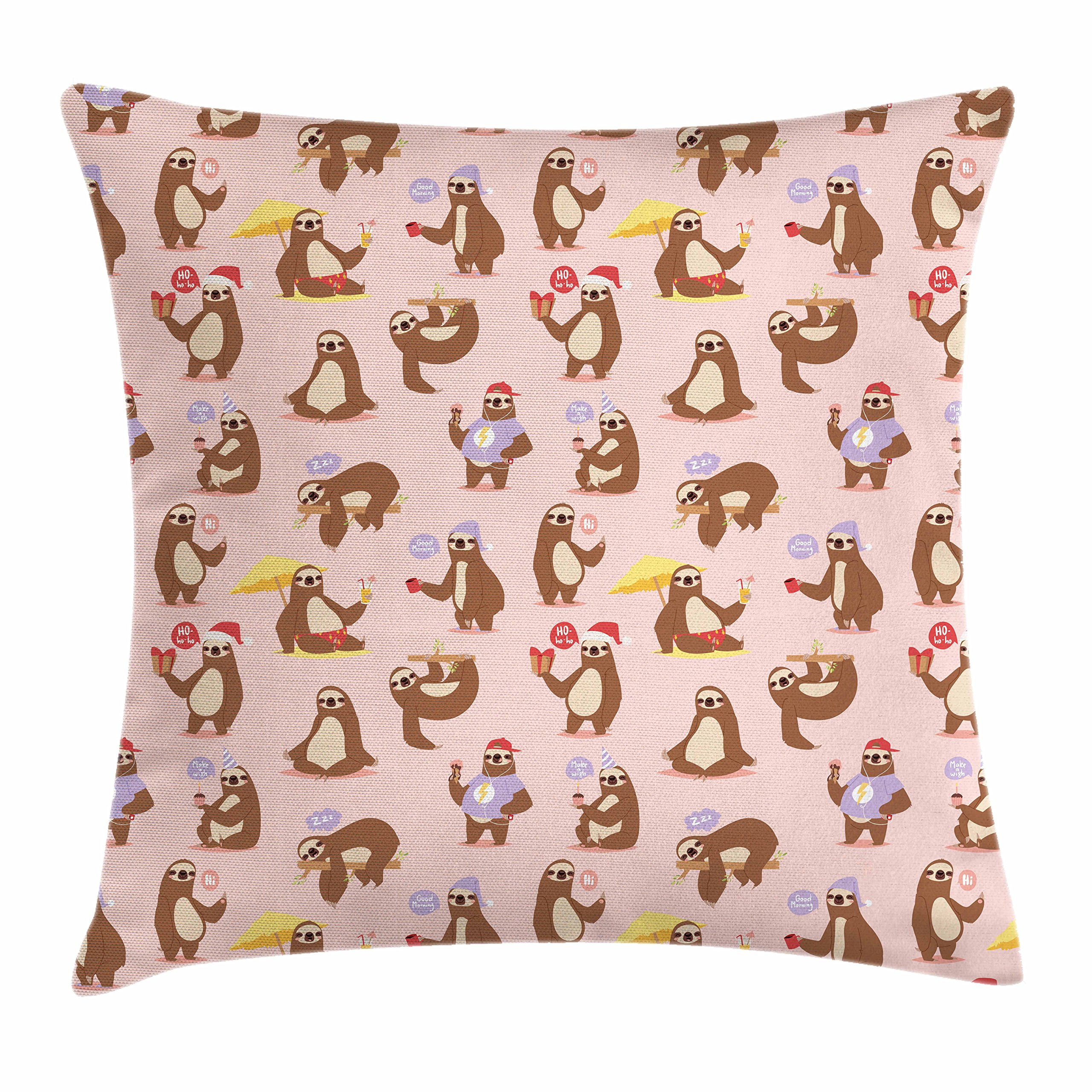 Lunarable Sloth Throw Pillow Cushion Cover, Cartoon Lazy Animals with Many Different States Sunbathing Eating and Doing Yoga, Decorative Square Accent Pillow Case, 18