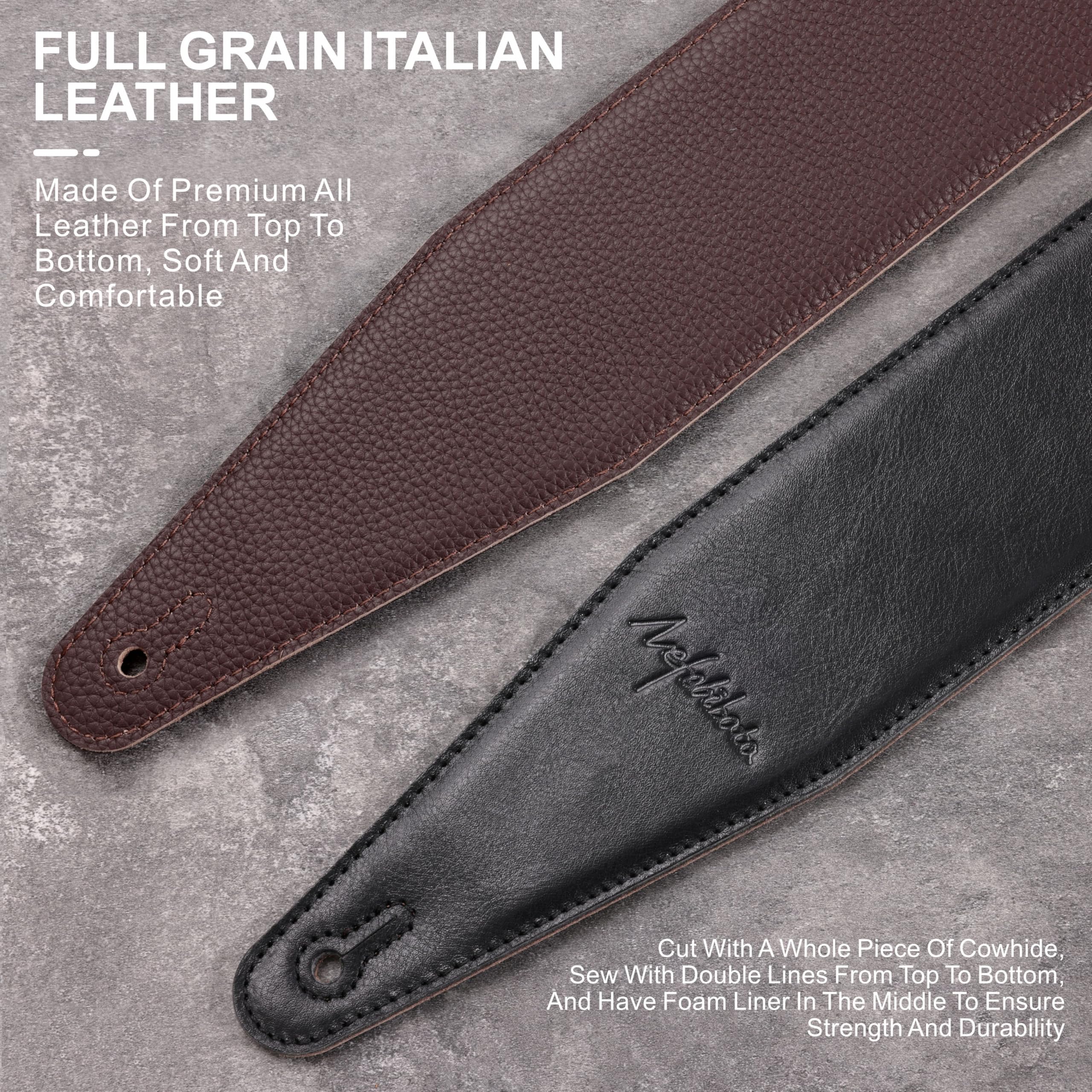 Nefelibata Correa de guitarra de 3 pulgadas de ancho, correa ajustable de piel de grano completo con acolchado de espuma para bajo, eléctrico y acústico, Negro , Einstellbar von 47" bis 56"