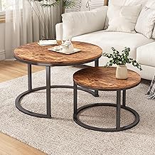 Vermess 31.5‘’ Industrial Round Coffee Table Set of 2,Stacking Side Tables with Solid Wood Grain Table and Metal Frame for Living Room,Sturdy and Easy Assembly,Rustic Brown and Black Walnut