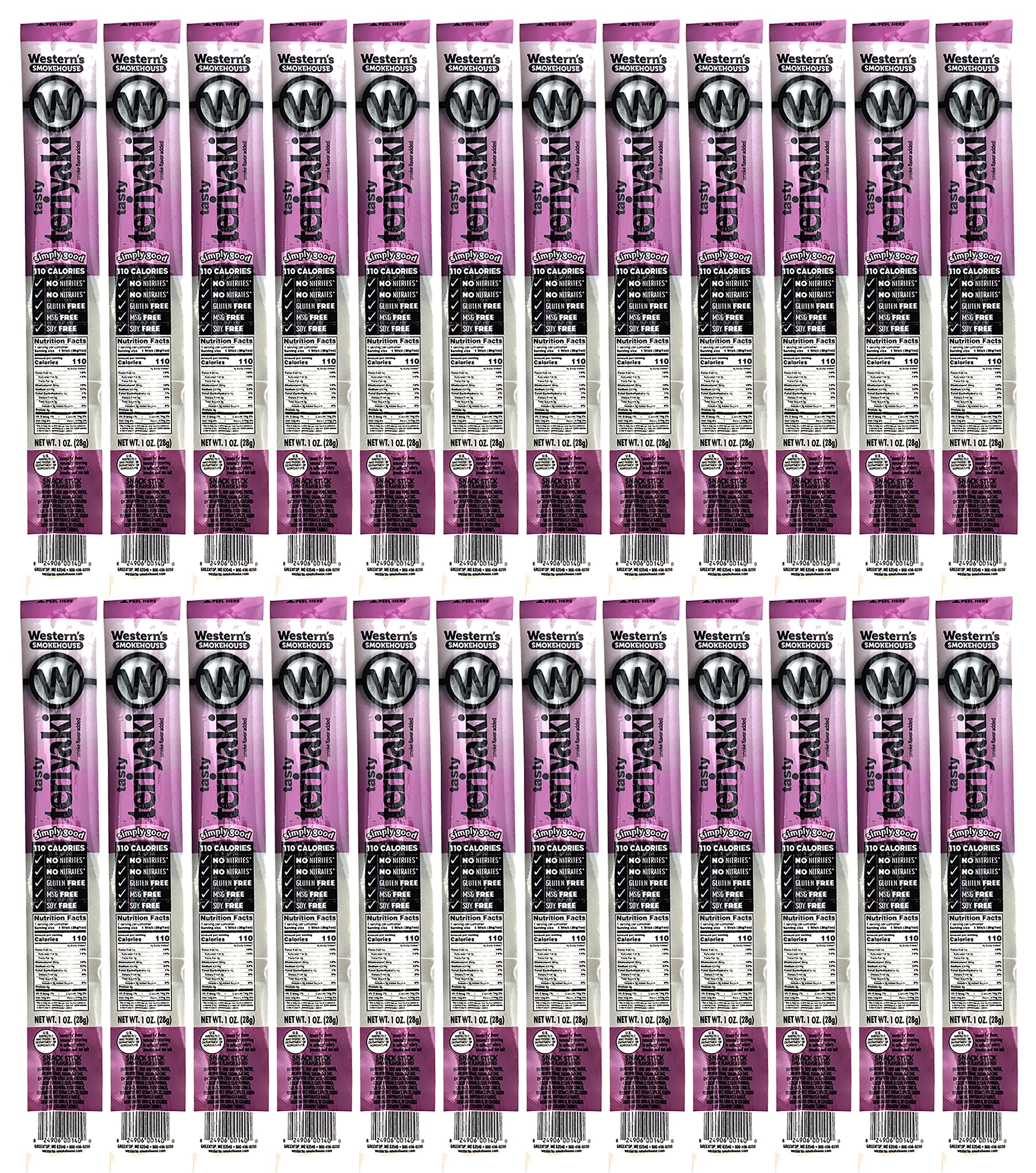 Western's Smokehouse Meat Sticks Teriyaki Beef and Pork Jerky Sticks – Pack of 24 Teriyaki Meat Sticks (1.0 Ounce) - Gluten-Free, MSG-Free, Soy-Free,