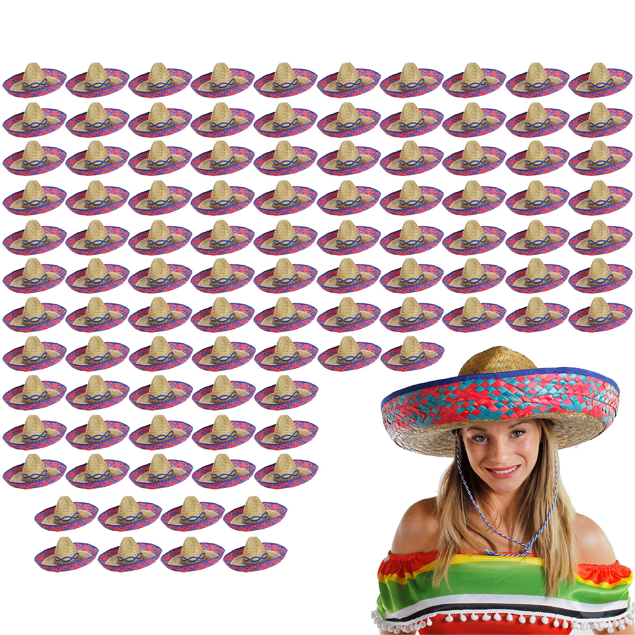 Mexican Blue Embroidered Sombrero - Pack of 48 - Straw Hat Fancy Dress Holiday Accessory Ideal for Hen Night, Beach Party