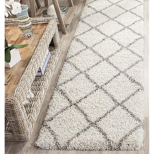 SAFAVIEH Hudson Shag Collection 2'3" x 20' Ivory/Grey SGH281A Modern Diamond Trellis Non-Shedding Living Room Bedroom Dining Room Entryway Plush 2-inch Thick Runner Rug