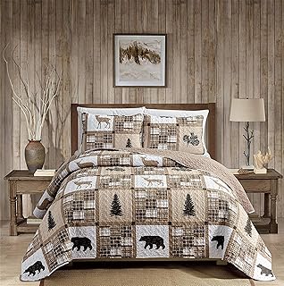 Juego de cama con diseño rústico y moderno de estilo rústico con diseño de osos grizzly y cuadros a cuadros en marrón pard...