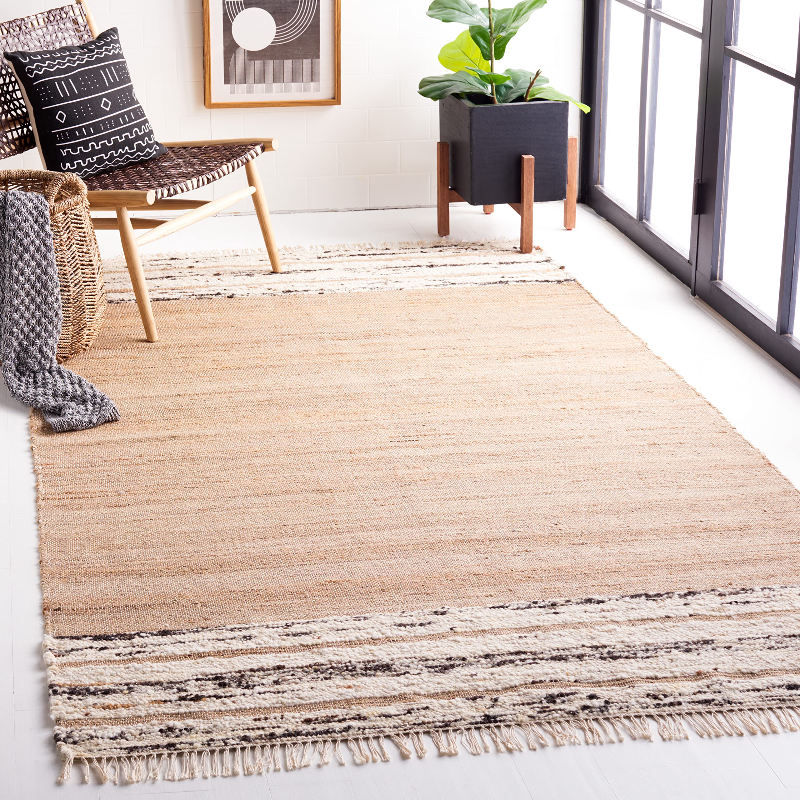 safavieh area rug 8x10 - natura collection - large - natural & black, handmade wool & jute, boho farmhouse style, ideal for living room, bedroom, dining space (nat871z)