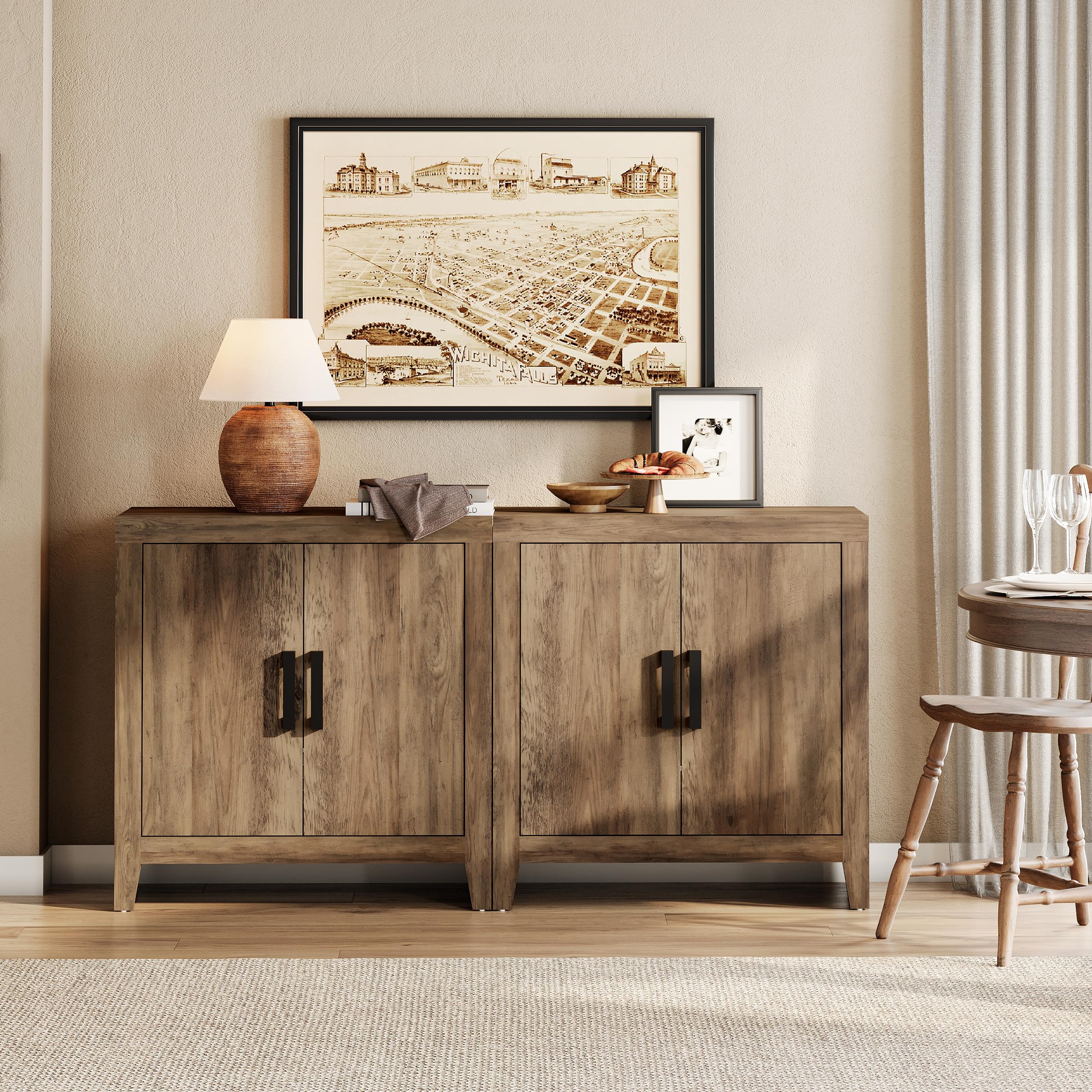 wampat buffet cabinet with storage, 62" large sideboard, kitchen cabinet with door and adjustable shelf, modern farmhouse wood console table for kitchen, dining room, living room, brown