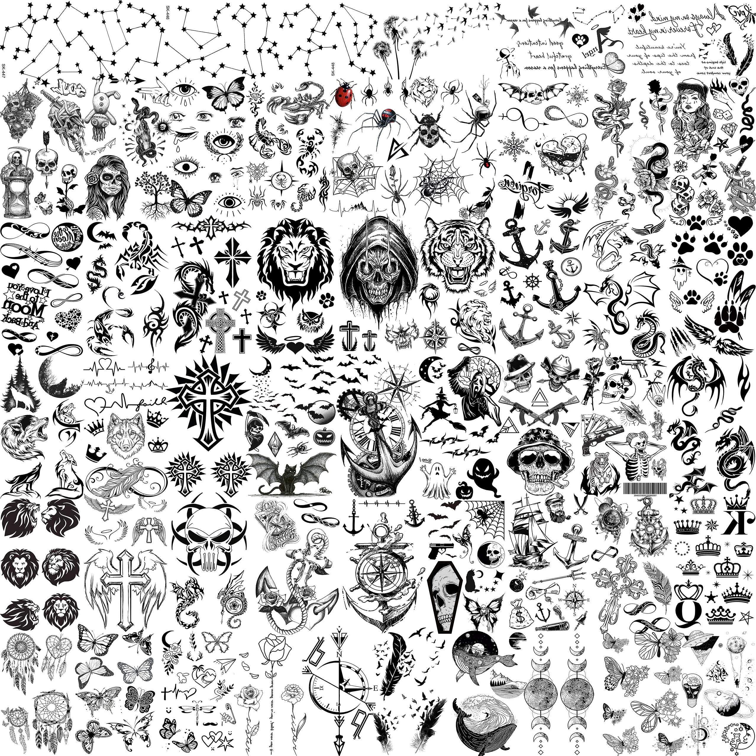 52 Sheets Black Tiger Lion Skull Temporary Tattoos For Kids Women Men, Small Black Spider Flower Anchor Bat Fake Tattoos Adults, Halloween 3D Tiny Temp Tatoo Sticker Arm Hand Face Constellation