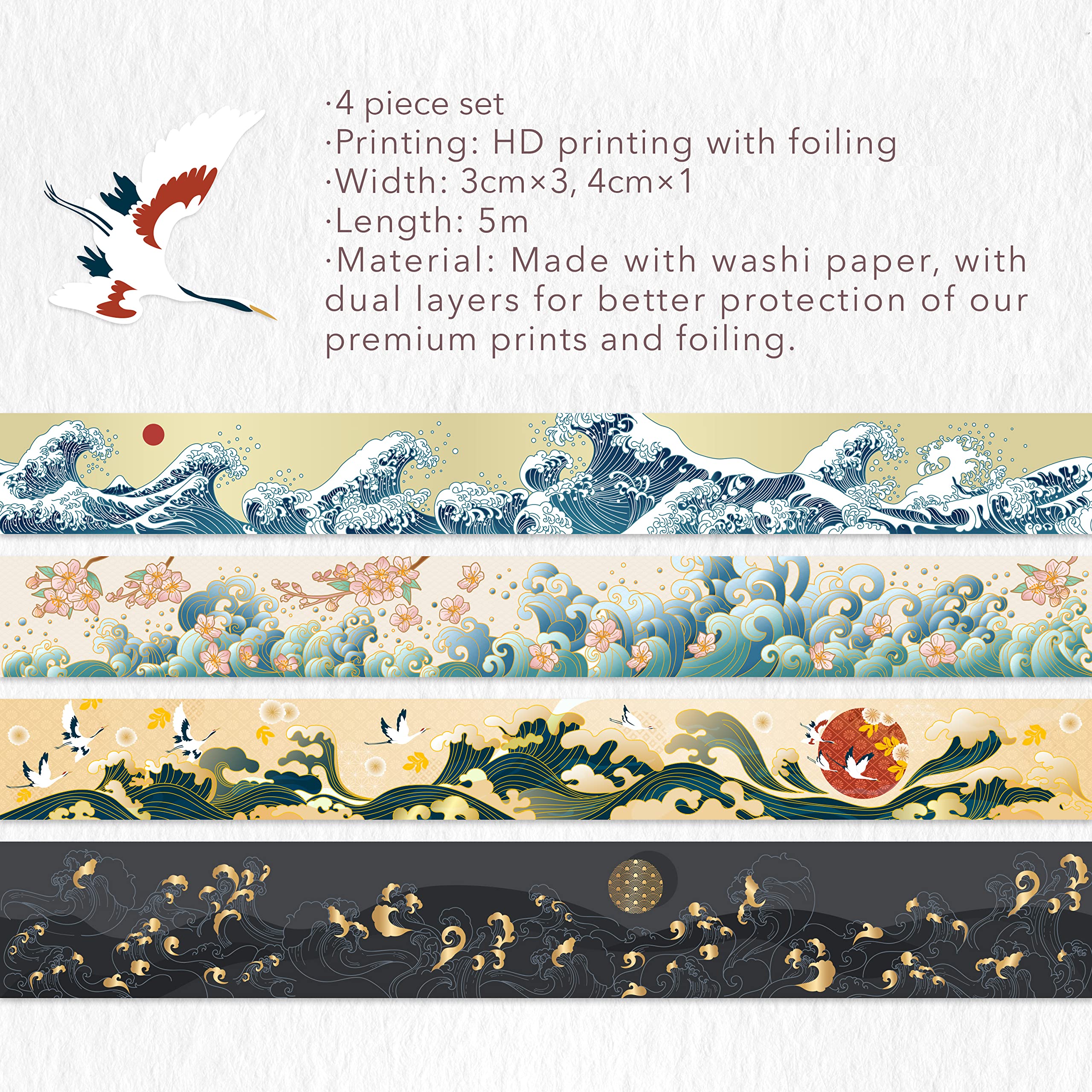 WT Waves of Rebun zestaw taśm Washi, 3 rolki, złota folia, szeroka dekoracyjna taśma maskująca, materiały do planowania Bujo, złota foliowa taśma rzemieślnicza, samoprzylepna taśma do pakowania, taśma papierowa DIY