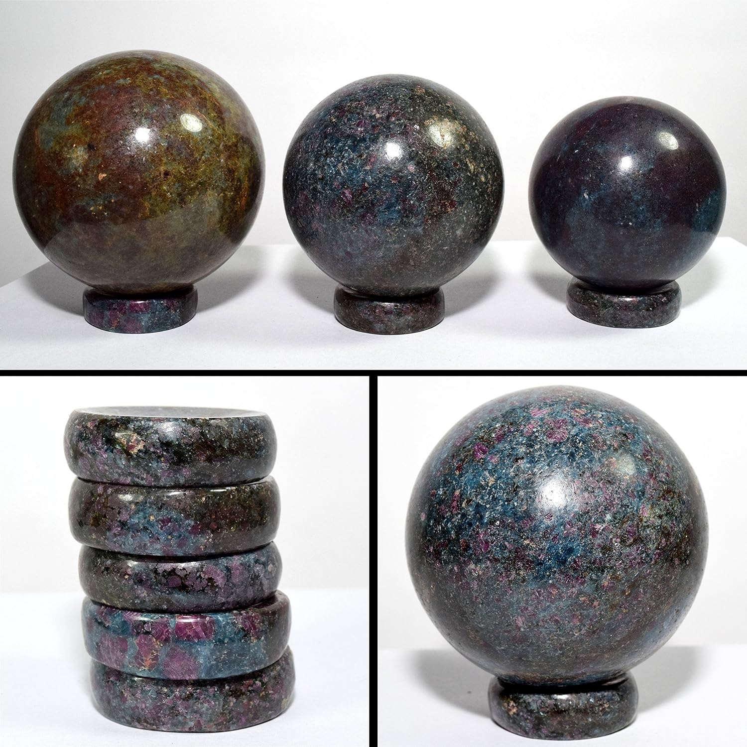 HQRP 36mm Natural Blue Kyanite with Red Ruby Crystal Stand for Spheres/Eggs Polished Worry Stone Gemstone Mineral Specimen from India - 5PCS