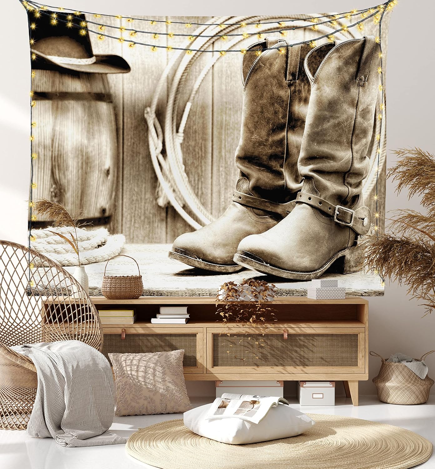 Ambesonne Western Tapestry King Size, American West Themed Photograph Focused on Boots in Front of Cask Composition, Wall Hanging Bedspread Bed Cover Wall Decor, 104" X 88", Sepia and Beige