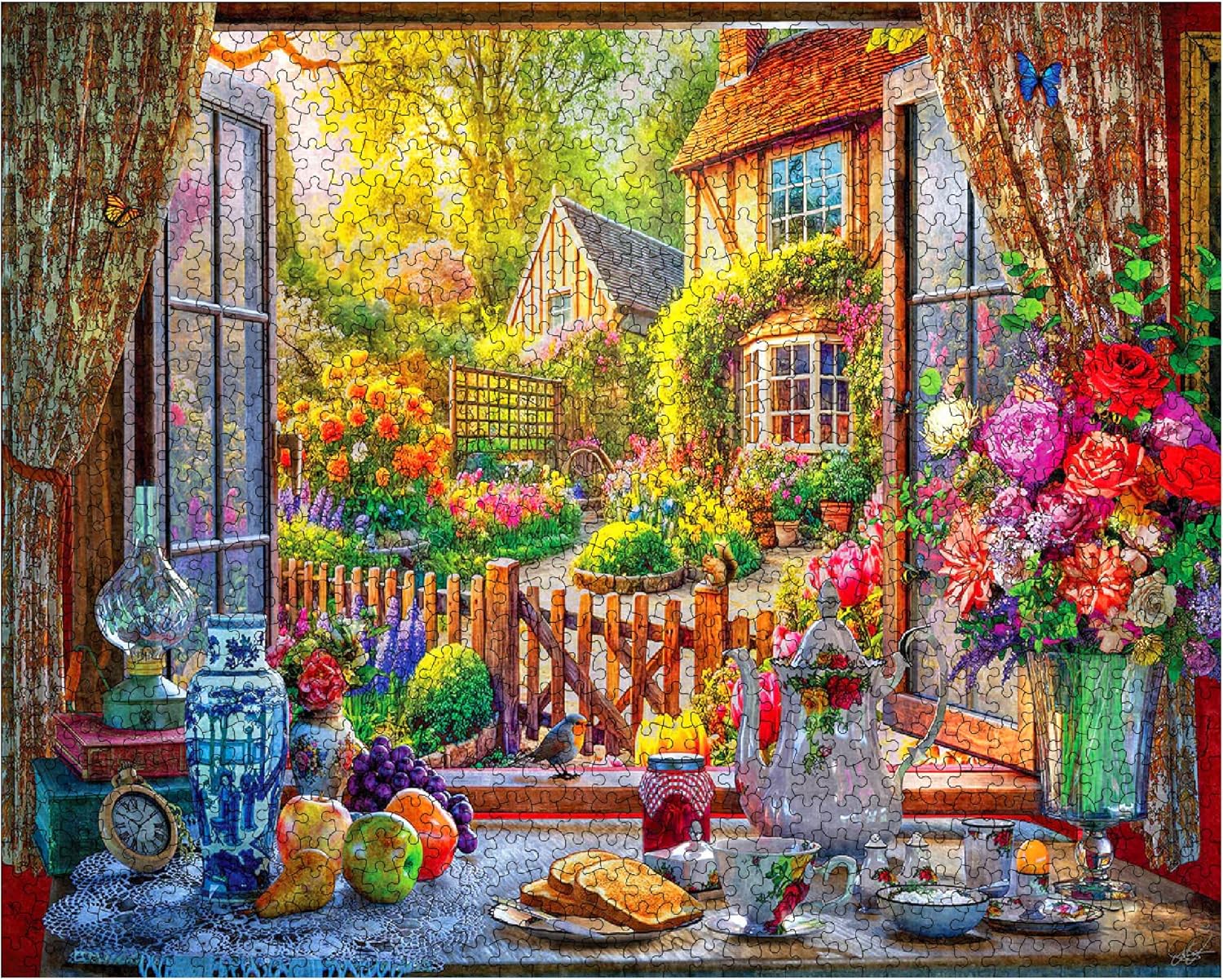 White Mountain 1000 Piece Jigsaw Puzzle Scenic Spring Flower Puzzles with Large Pieces Gift for Adults and Family 24"x30" - Country Breakfast