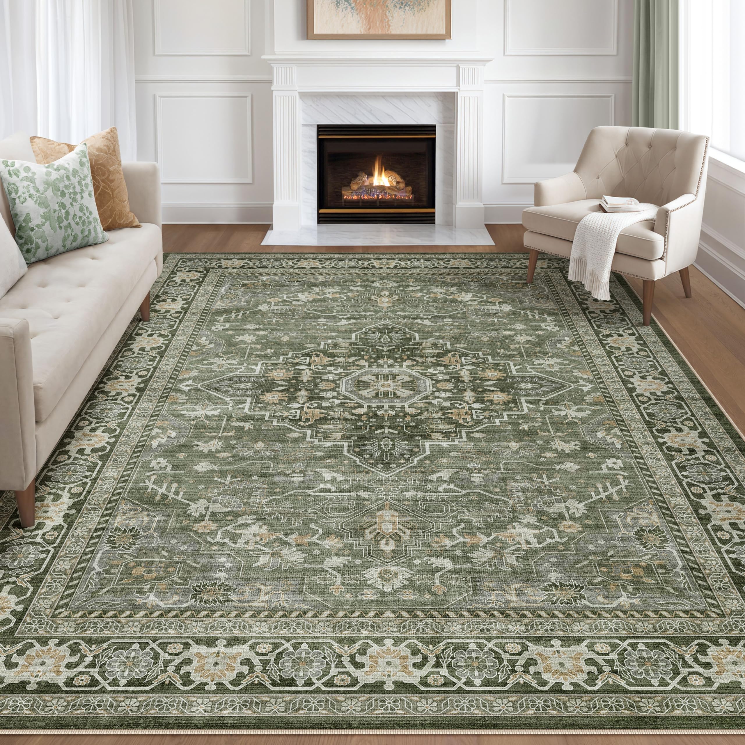 LOONGRUG 6x9 Area Rug Washable Vintage Boho Living Room Rug Dark Green