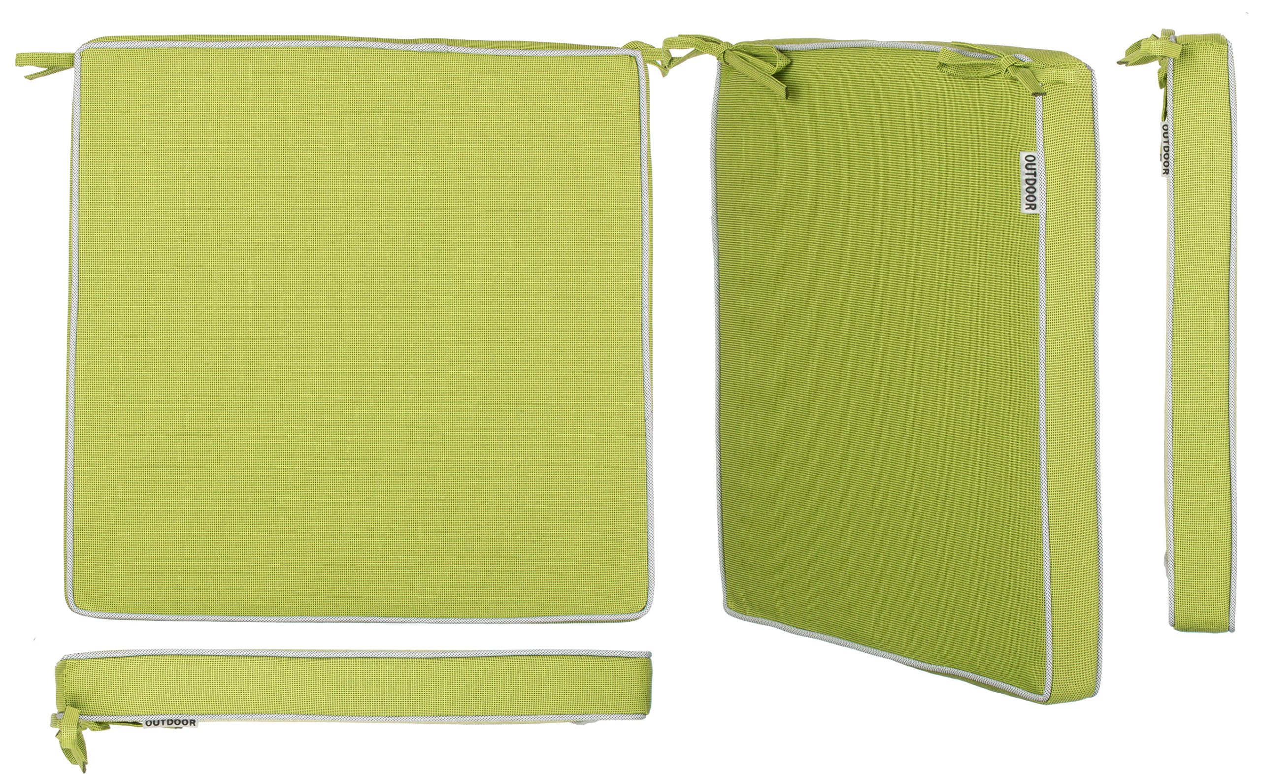 Brandsseller Set de 4 Cojines de asiento 40x40x4 cm – Cojine para silla repelente al Agua y las Manchas con Cintas de Sujeción y Ribete – interior y exterior – Cocina,Terraza, Jardín – Verde