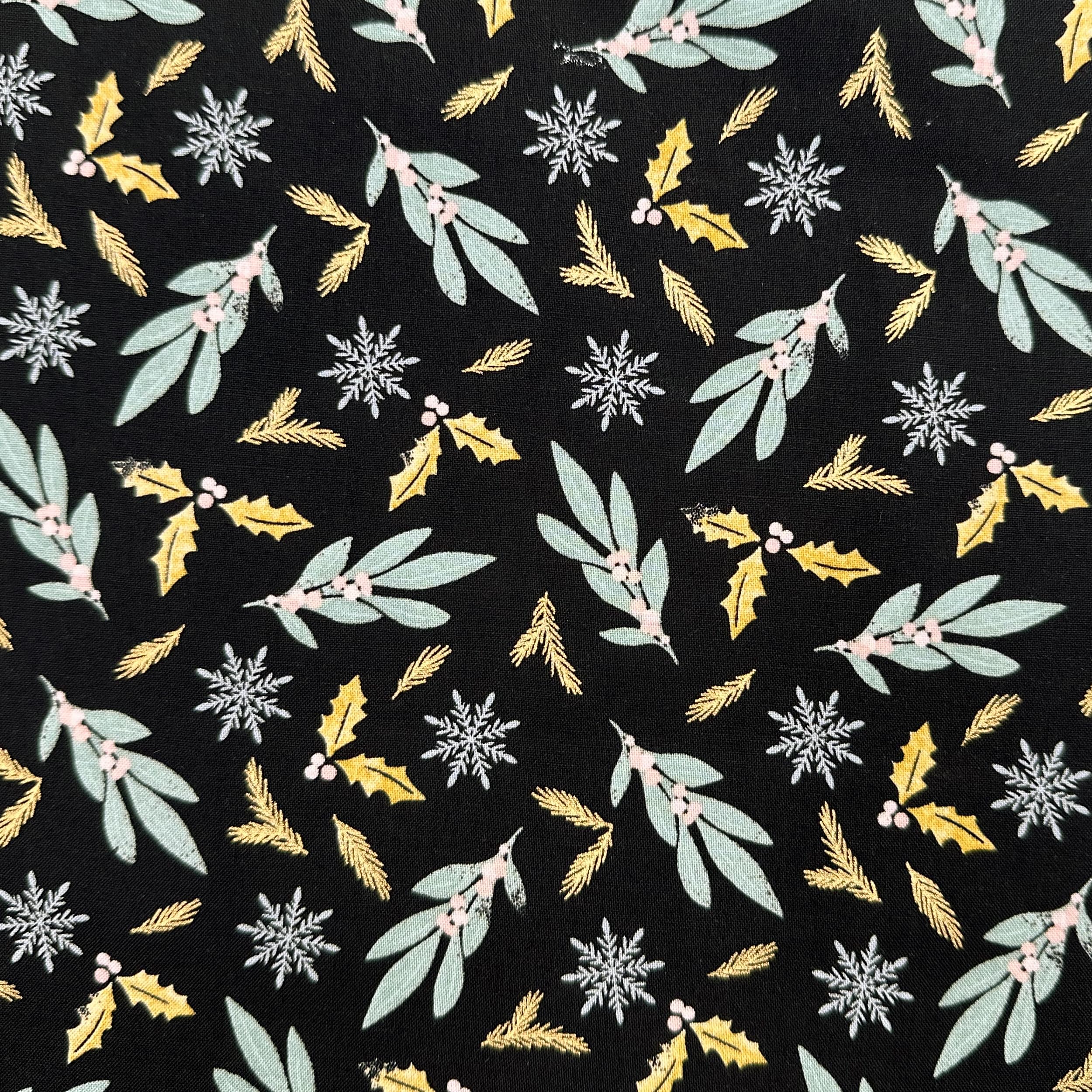 Glamour Secrets Black Christmas Fabric - Mistletoe & Snowflake On - Xmas Craft Fabric Material Metre