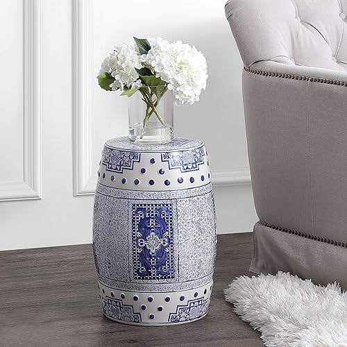 Jonathan Y TBL1003A Acanthus 17.8" Chinoiserie Ceramic Drum Garden Stool, Blue/White