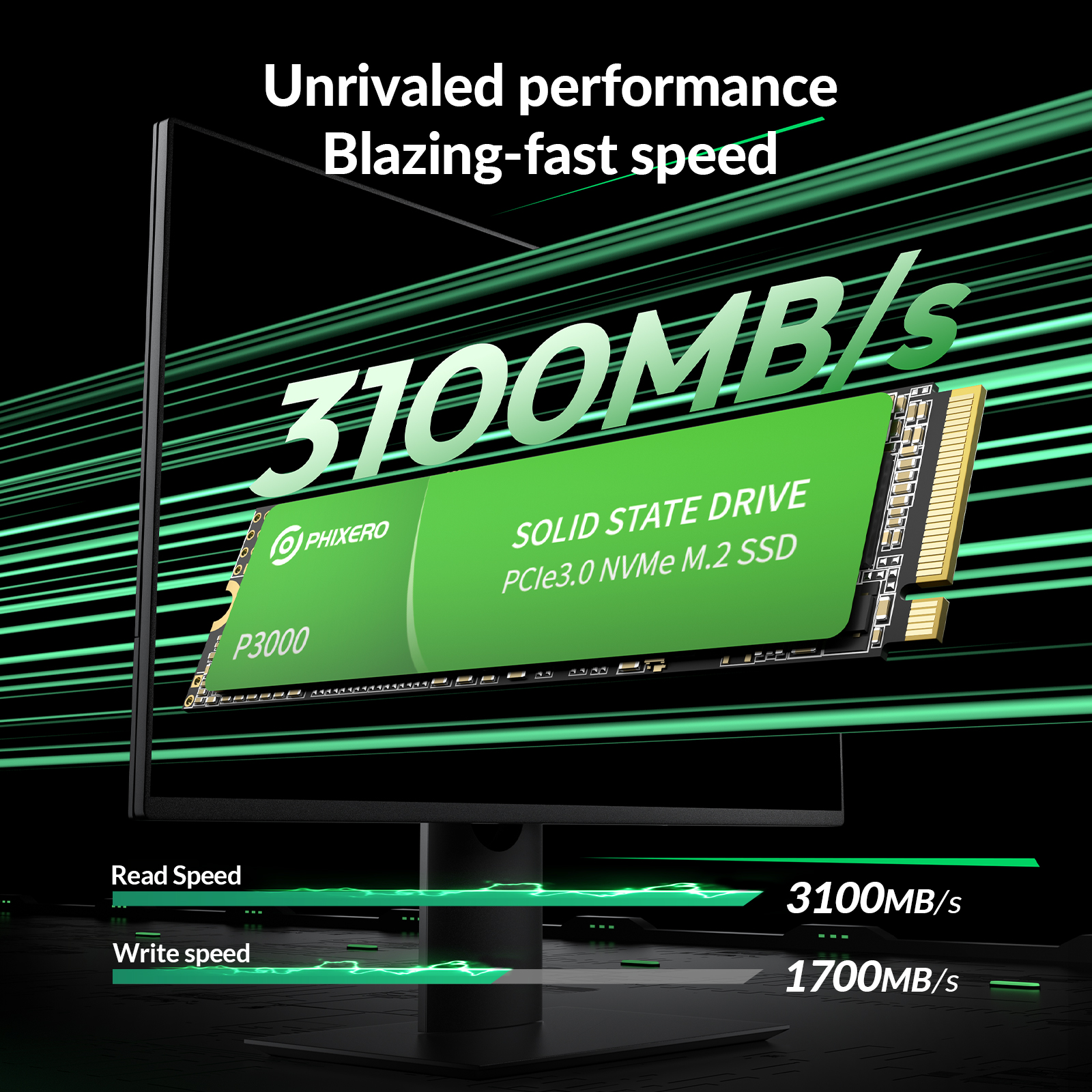 PHIXERO P3000 1TB NVMe M.2 SSD, PCIe 3.0, 3000 MB/s Reading
