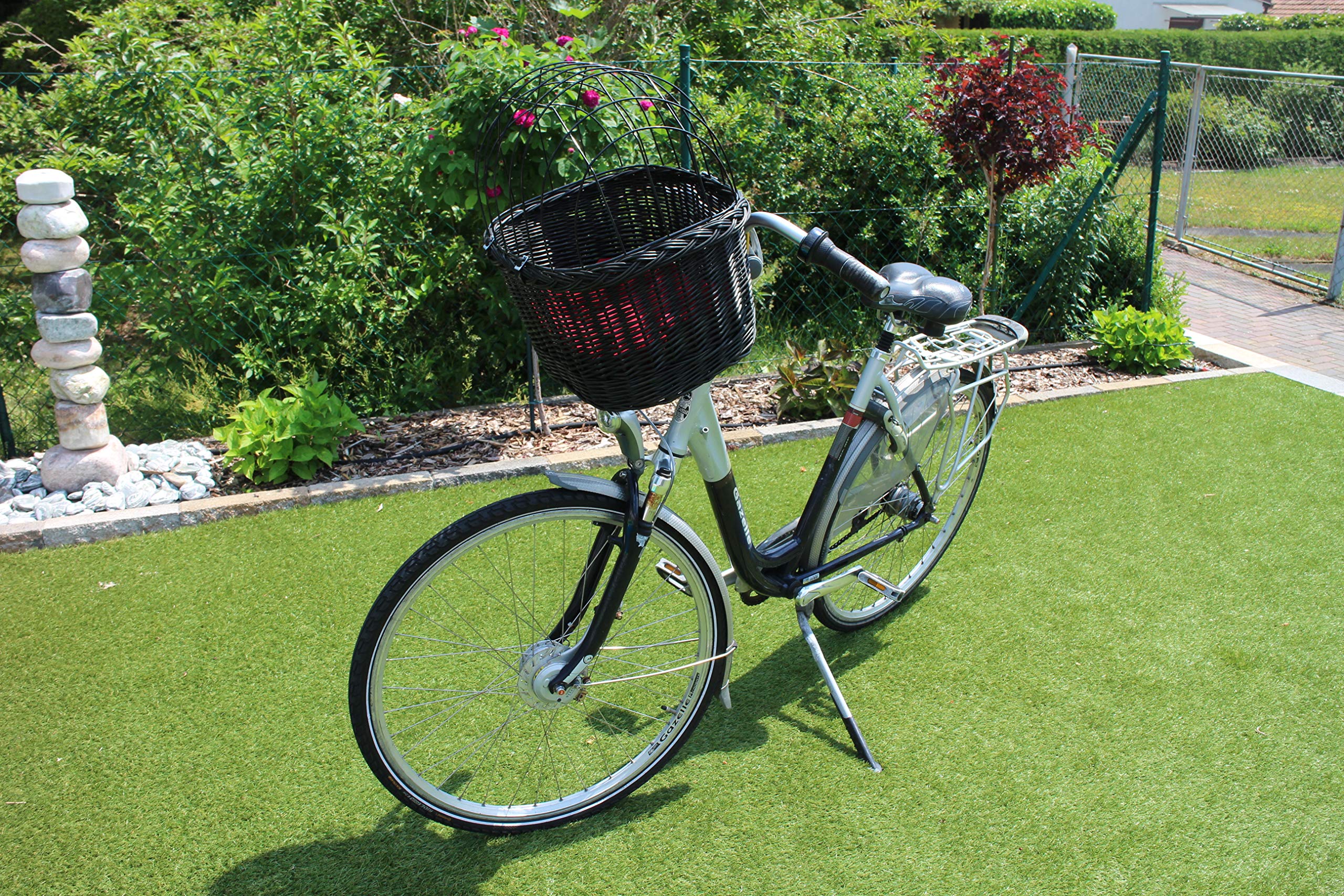 Hundefahrradkorb für Fahrradlenker aus Weide mit Metallgitter und Kissen in Schwarz Lenkrad Weidenkorb (ohne Kissen)