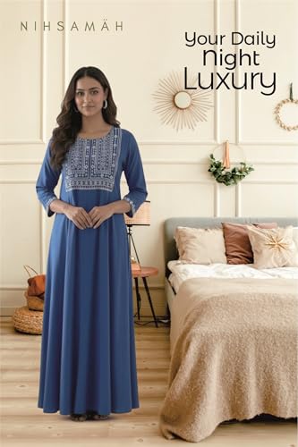 Image of NIHSAMAH Viscose Nighty for Women, Embroidered & Printed Stylish Night Gown, Long Sleeve Comfortable Sleepwear Long Nightwear, Maxi
