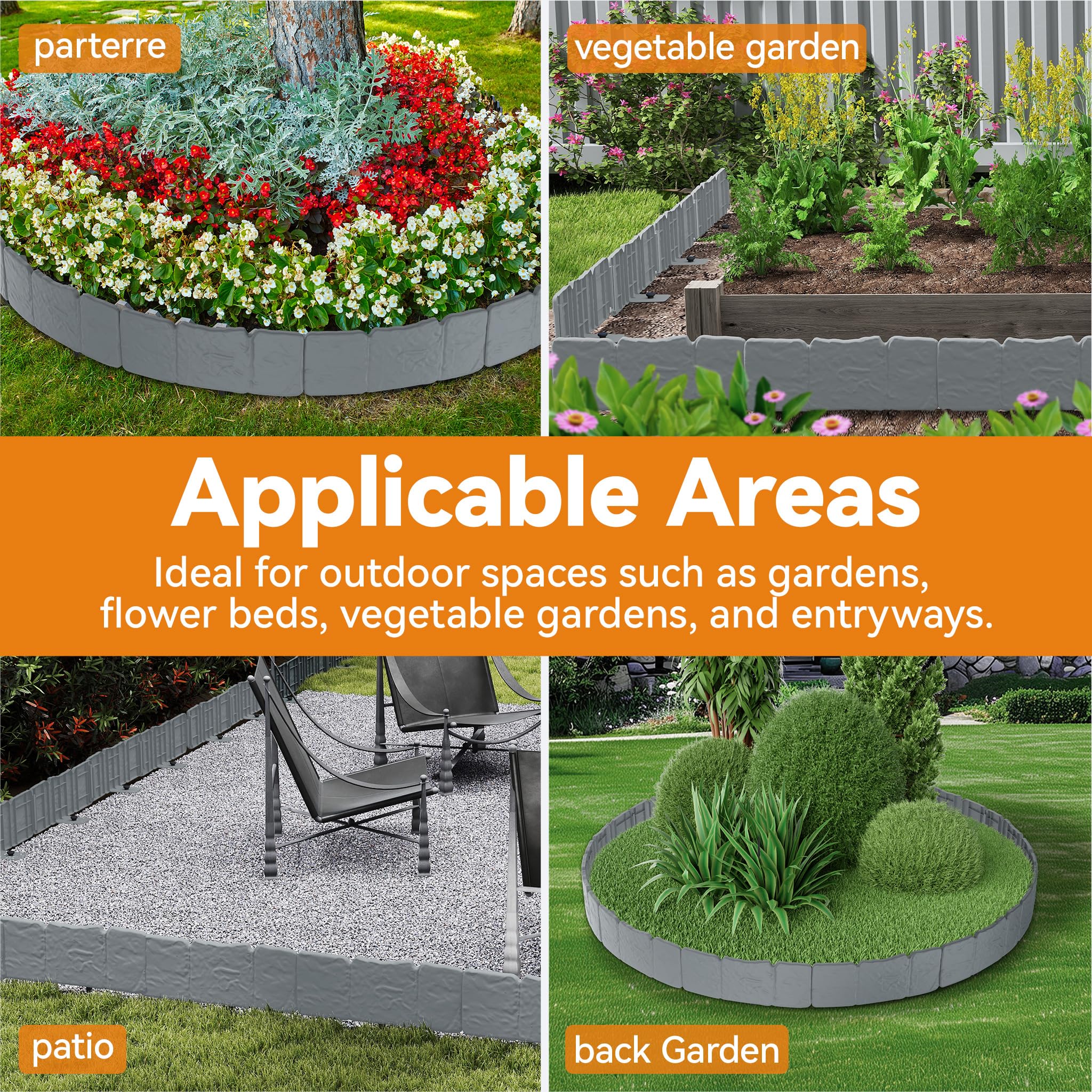 SUBTLETY Rasenkante Kunststoff 20m für Harten Steinigen Boden, Flexibel Beeteinfassung mit Bodennägeln 10cm Höhe Steinoptik Beetumrandung für Garten (Grau)