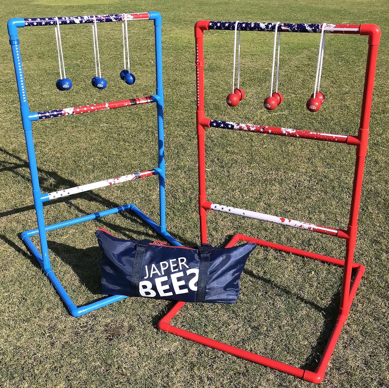 JAPER BEES Ladder Ball Indoor Ladder Toss Outdoor Game PRO Series, Family, Yard, Beach and Lawn Games with 6 Soft Rubber Bolos, Heavy Duty Bars and Travel Bag National Flag Set