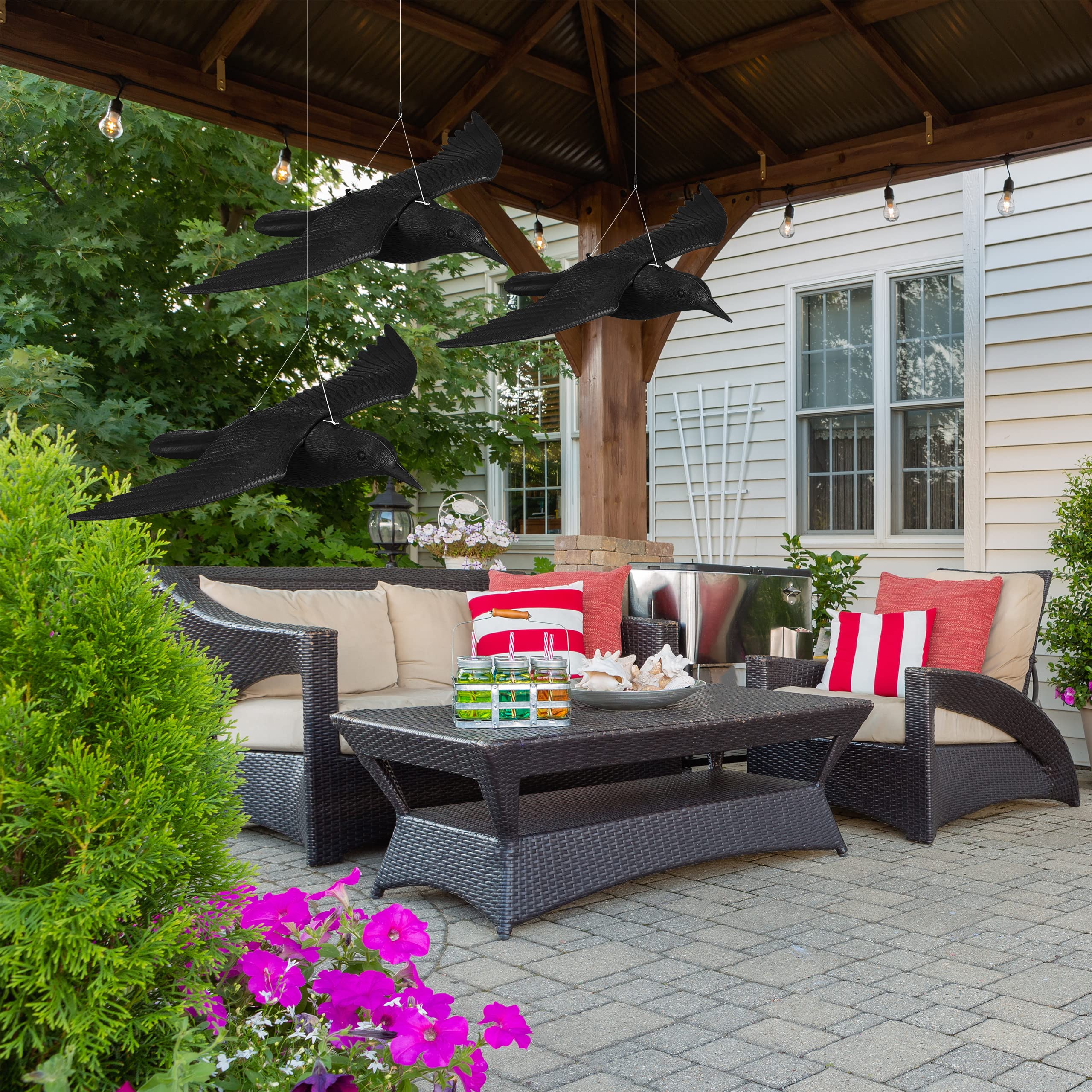 Relaxdays Vogelschreck, 3er Set, zum Aufhängen, Fliegende Kunststoff Krähe, zur Vogelabwehr, Garten & Balkon, schwarz