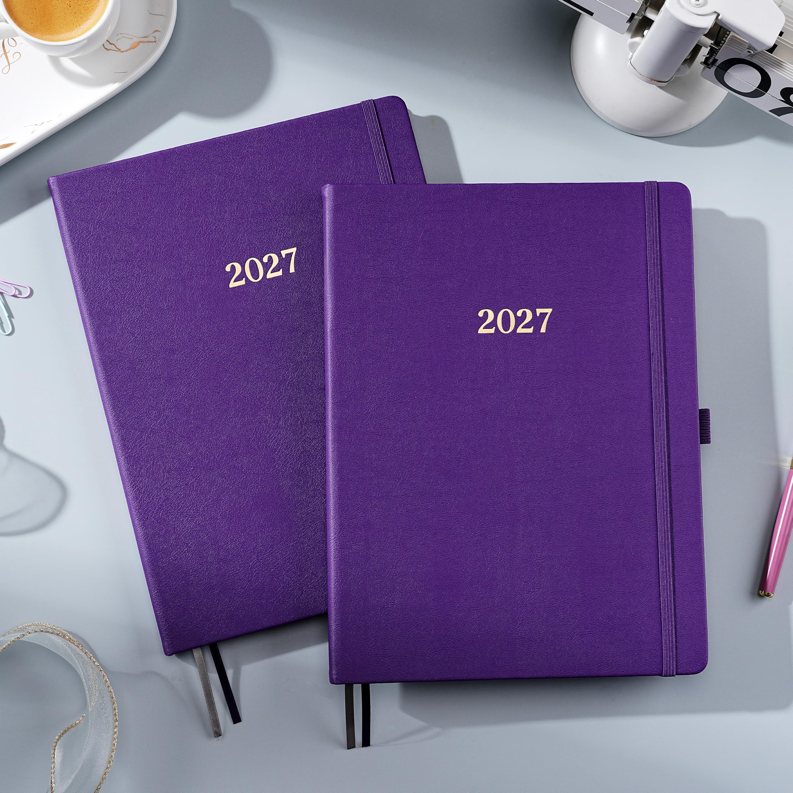 Agenda 2027 settimanale e mensile, da gennaio 2027 a dicembre 2027, 22,9 x 27,9 cm | Calendario 2027 con tasca interna + segnalibri + copertina rigida in pelle, viola, perfetto per l'ufficio