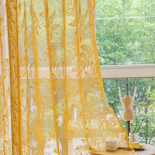 Sutuo Home Cortinas de encaje dorado de 96 pulgadas de largo, cortinas traslúcidas con bordado de hojas para ventana, par de cortinas de punto,