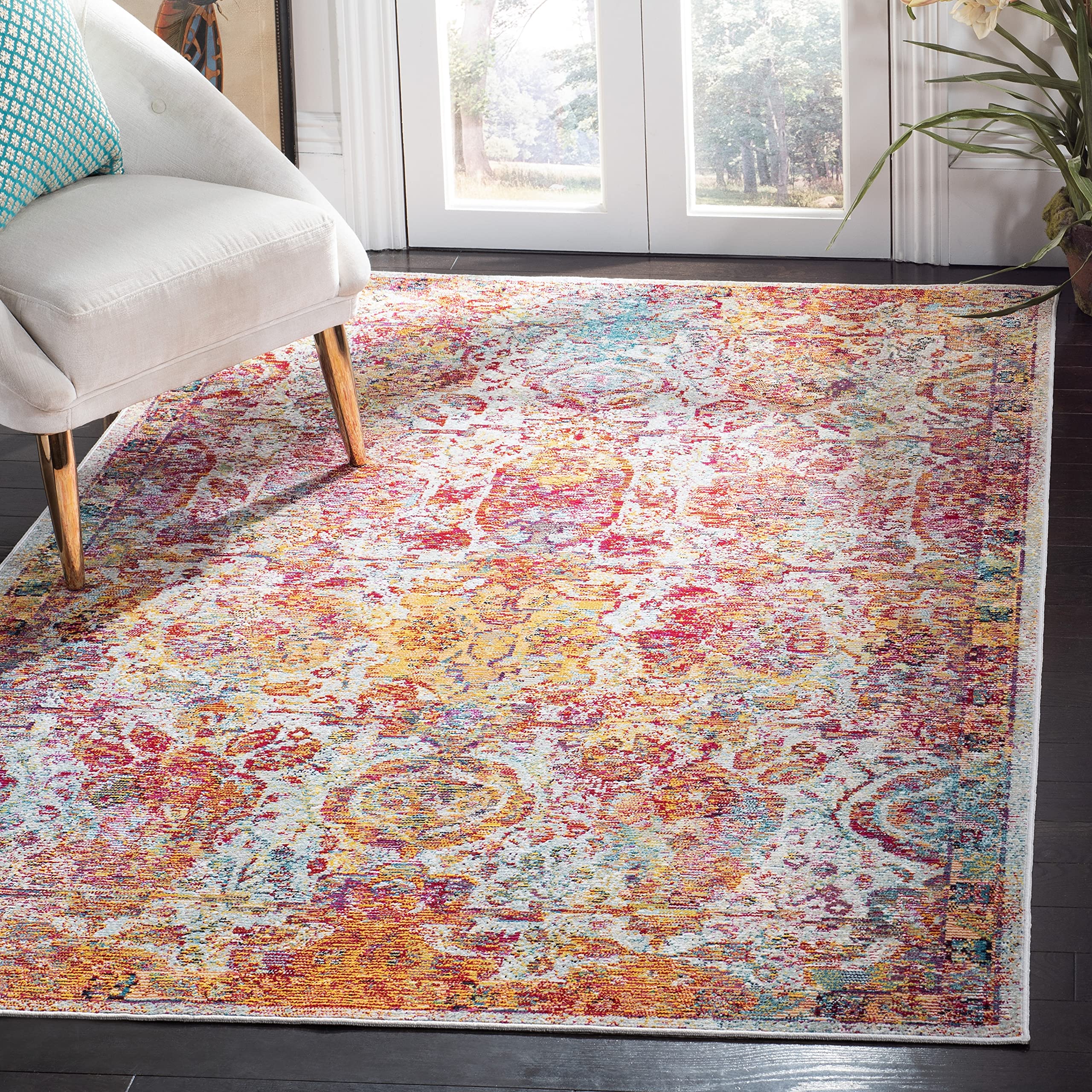 SAFAVIEH Crystal Collection Area Rug - 9' x 12', Light Blue & Orange, Boho Chic Oriental Distressed Design, Non-Shedding & Easy Care, Ideal for High