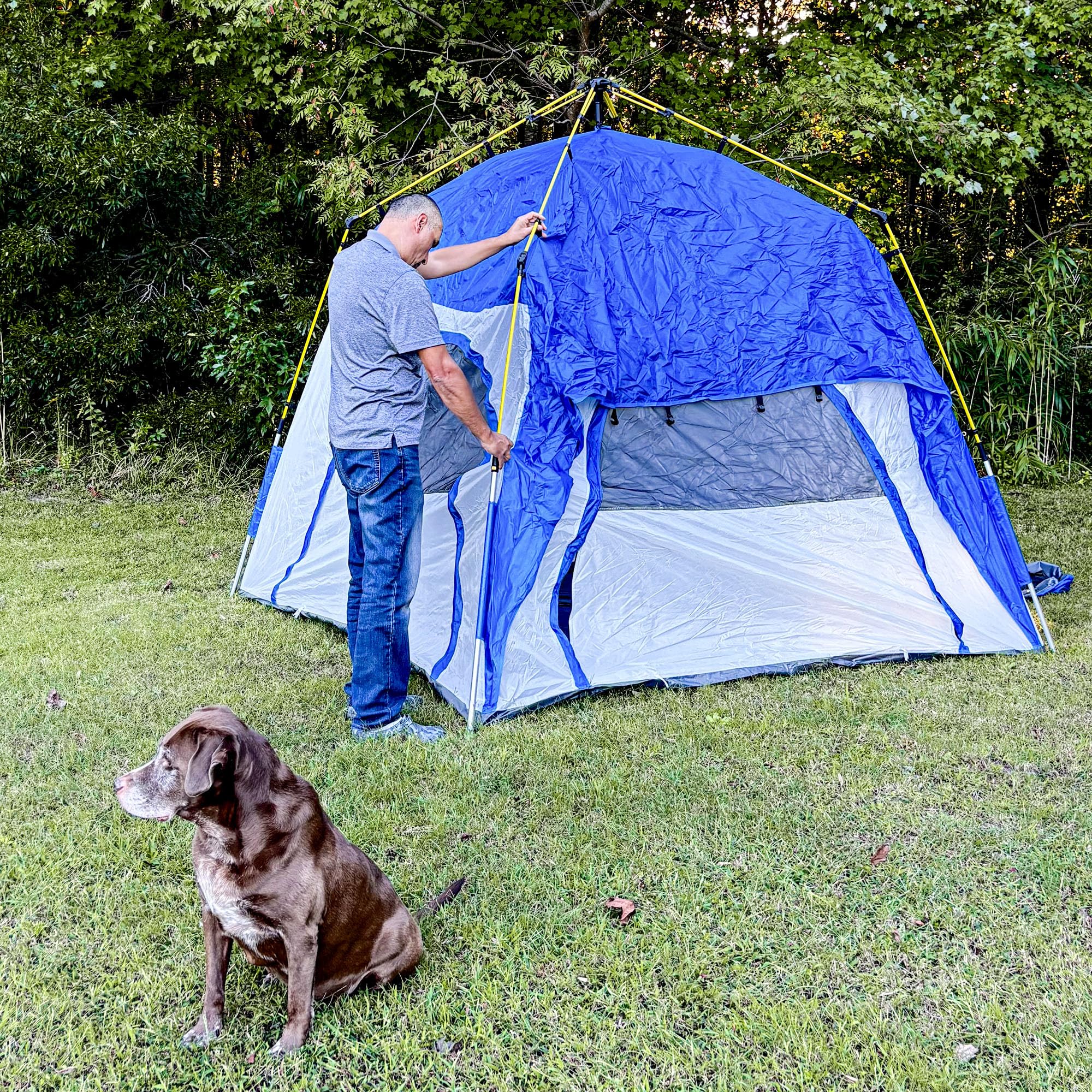 Outsunny Pop Up namiot kopułkowy dla 3 osób UV 50+ Niebieski | 4 drzwi, okna, haki, podłoga, lekki, stabilny, namiot rodzinny, 1000mm słup wody, do campingu, podróży, trekkingu, ogrodu
