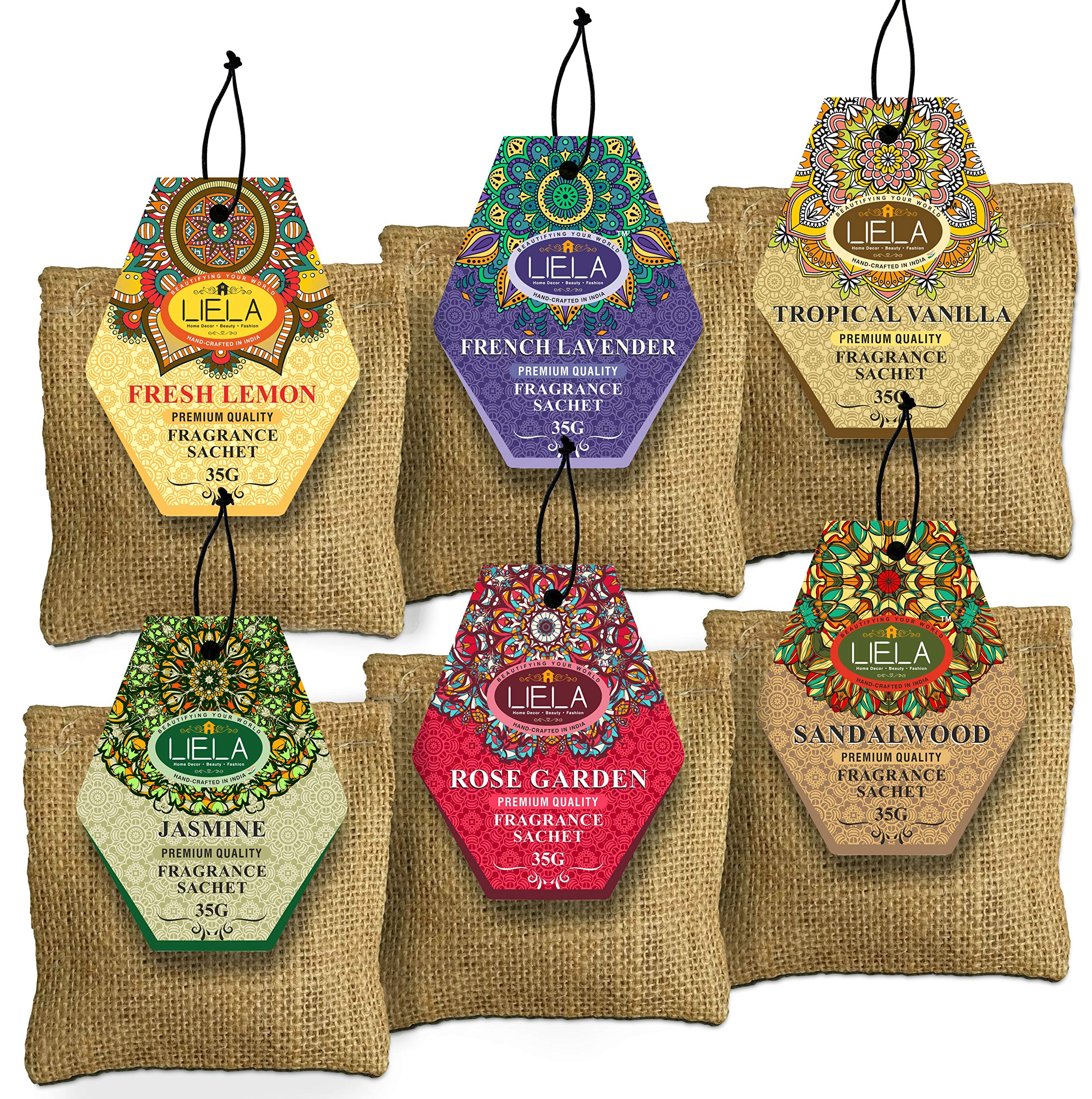 LIELA - Jute Bag Natural and Organic 4 inch x 4inch Premium Fragrance Sachets 30 gram each Set of 6 lavender, sandal, jasmine, rose, vanilla and fresh lemon