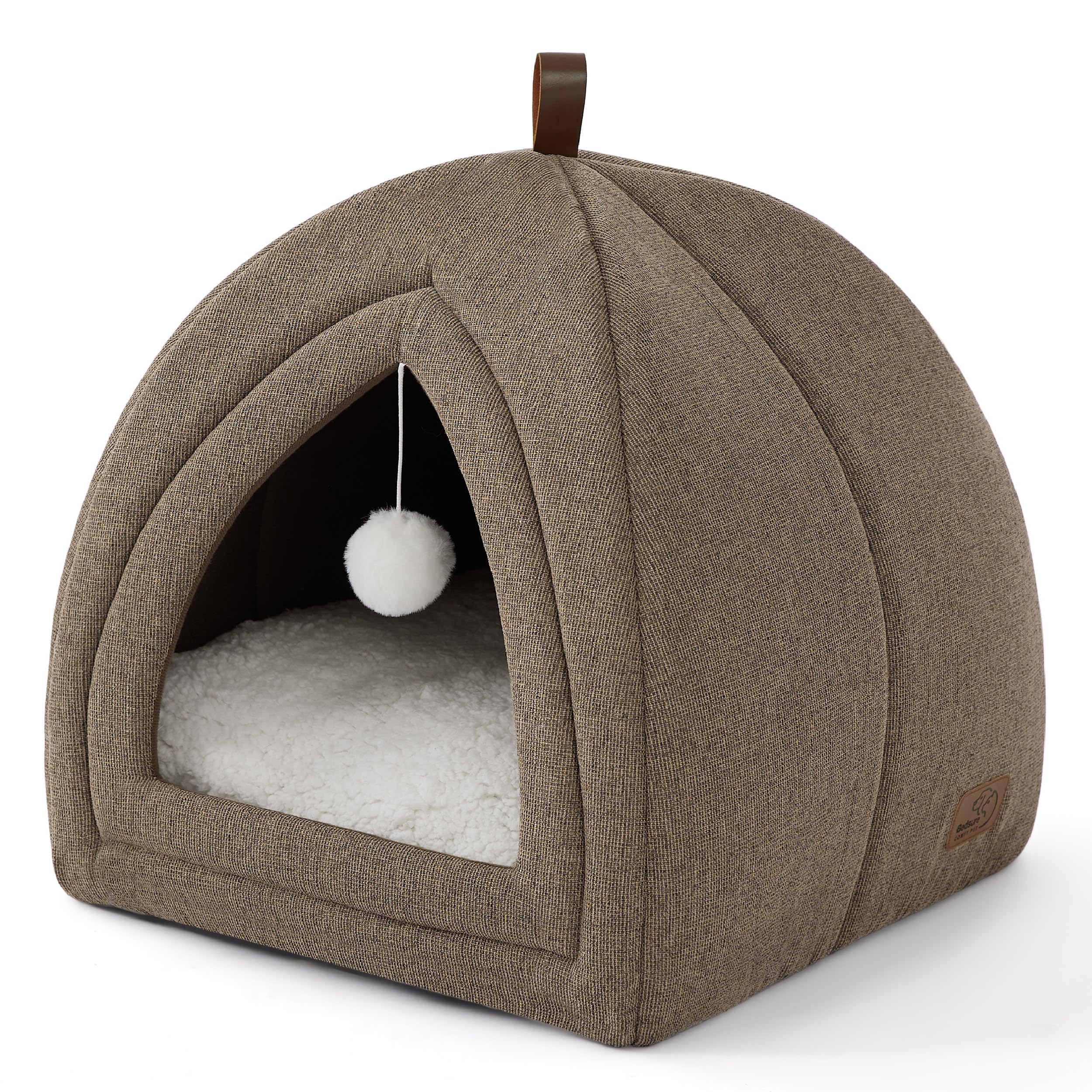 Bedsure Cat Beds for Indoor - 2 in 1 Cat Cave House Tent for Kittens and Small Pets with Removable Washable Cushioned Pillow, Foldable Kitten Hideaway with Non-Slip Bottom, Taupe, 16 inches