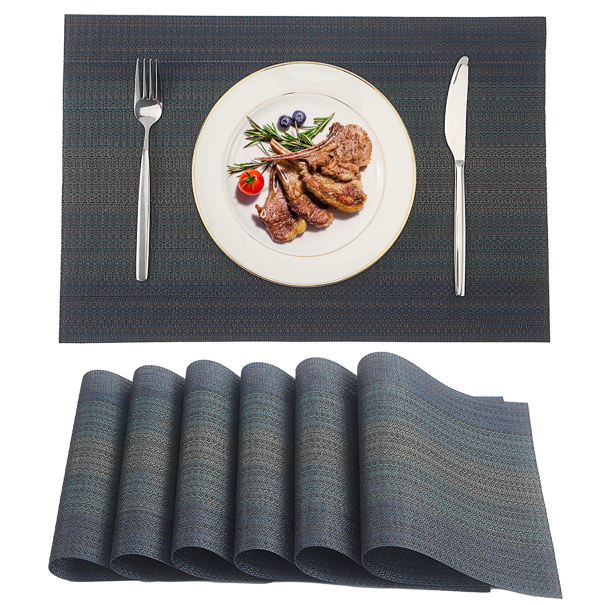 LinTimes Place Mats Set of 6 Washable Wipe Clean Leather Look Faux Leather Waterproof PVC Place Mats for Home Kitchen Restaurant and Hotel, Dark Blue
