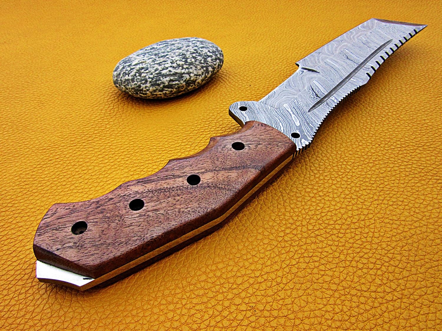 14" Long hand forged Damascus steel tracker knife full tang Tanto blade, Natural rose wood scale with hole, cow hide leather sheath