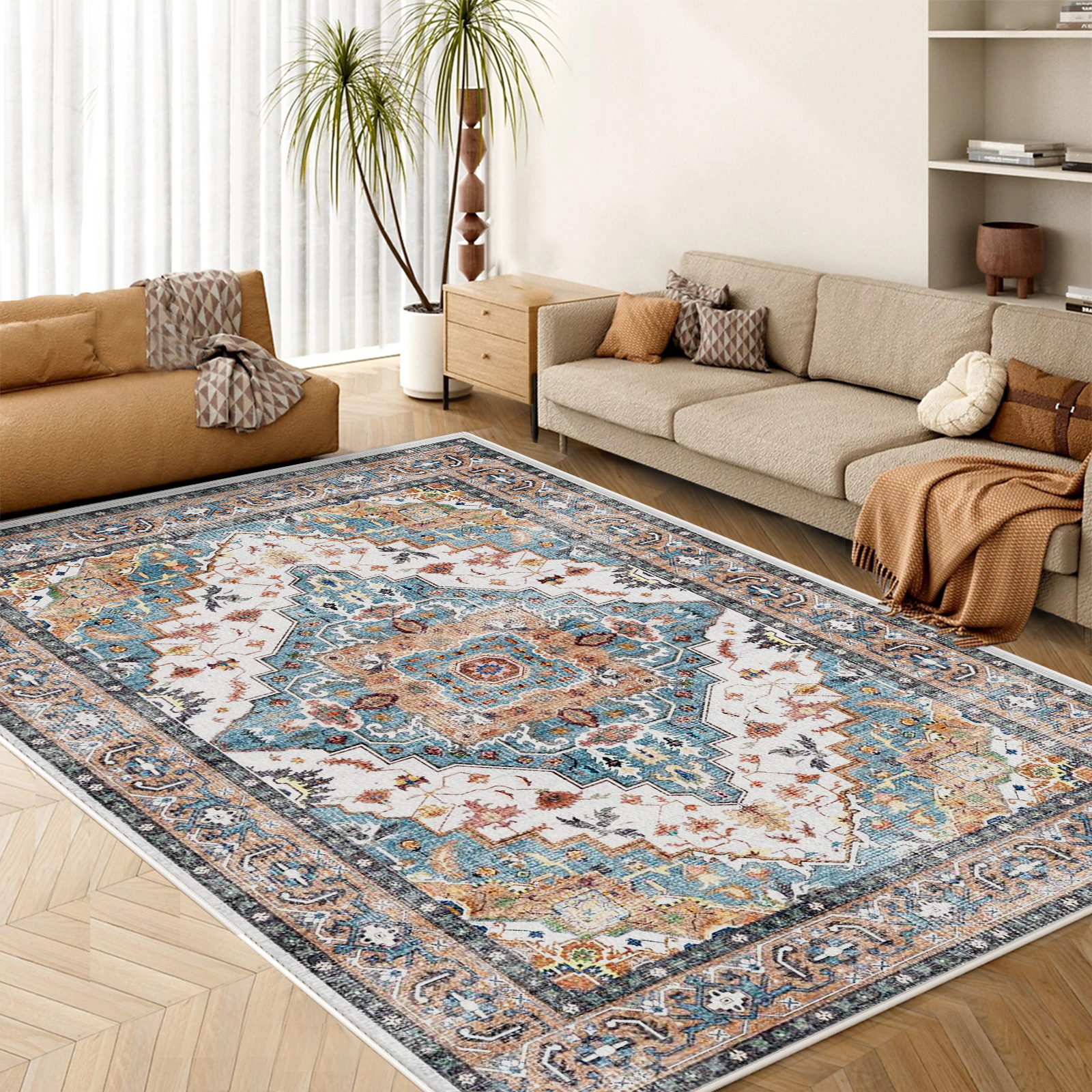 Tapete lavado para entrada 2x3 con diseño boho azul y marrón miniatura 7