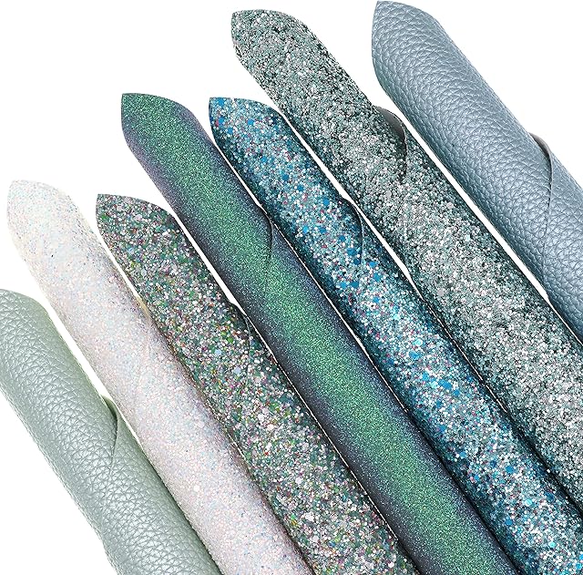 ZAIONE 7Pcs/Set Faux Leather Fabric Sheets Mixed Bundle Shiny Holographic Sparkle Chunky Glitter Leatherette Vinyl 8" x 12"(20cm x 30cm) A4 for Bow Earrings Making DIY Crafts (Aqua Blue Series)