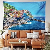 Vista 50 de Lunarable Tapiz costero, tumbonas y mar Caribe bajo el parasol naranja, imagen de vacaciones de luna de miel, decoración de tela para colgar